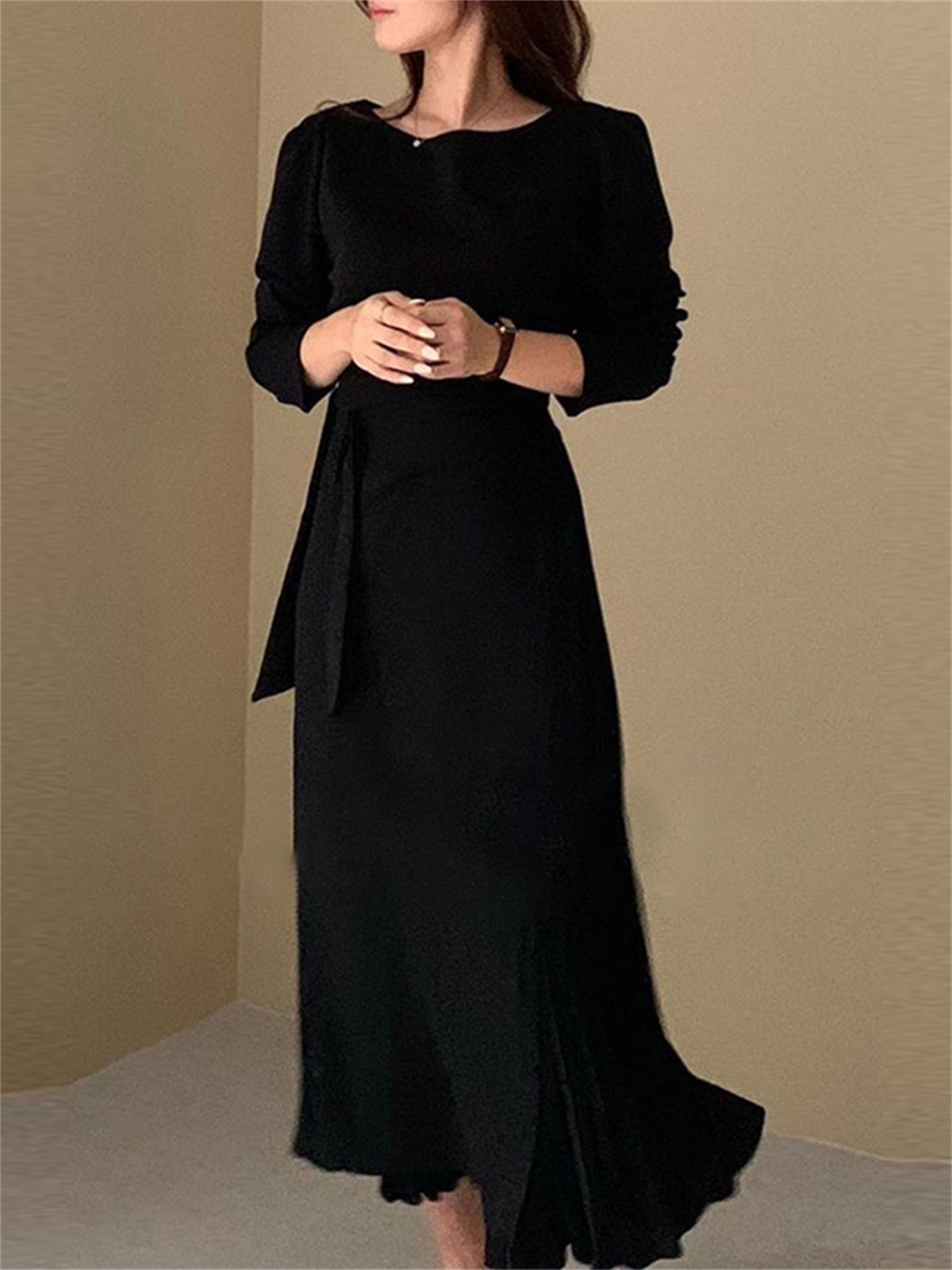 vlovelaw Solid Color Boat Neck Dress, Elegant Long Sleeve Dress For Spring & Fall, Women's Clothing