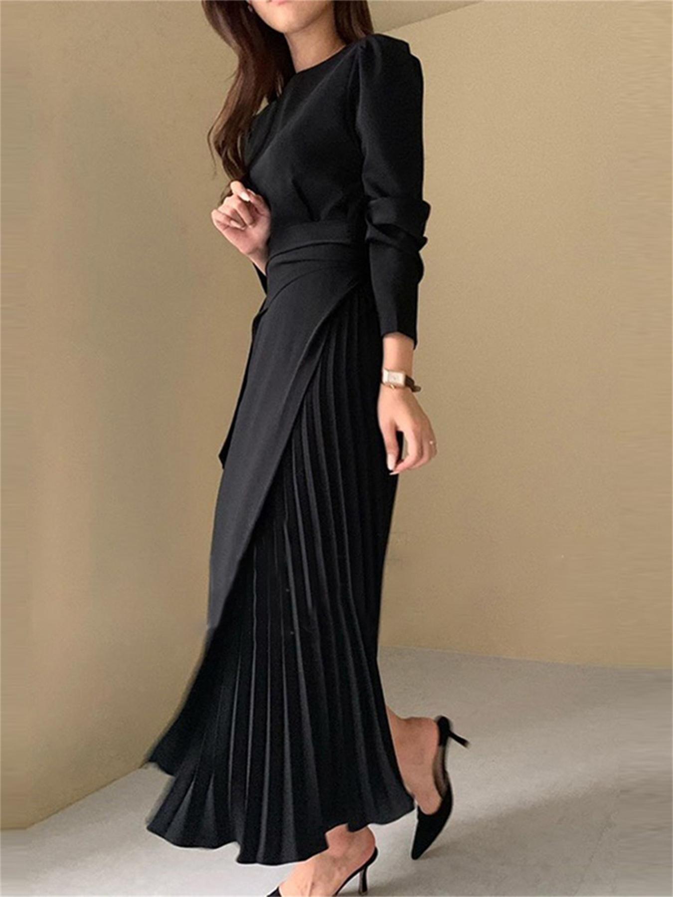 vlovelaw Solid Color Boat Neck Dress, Elegant Long Sleeve Dress For Spring & Fall, Women's Clothing