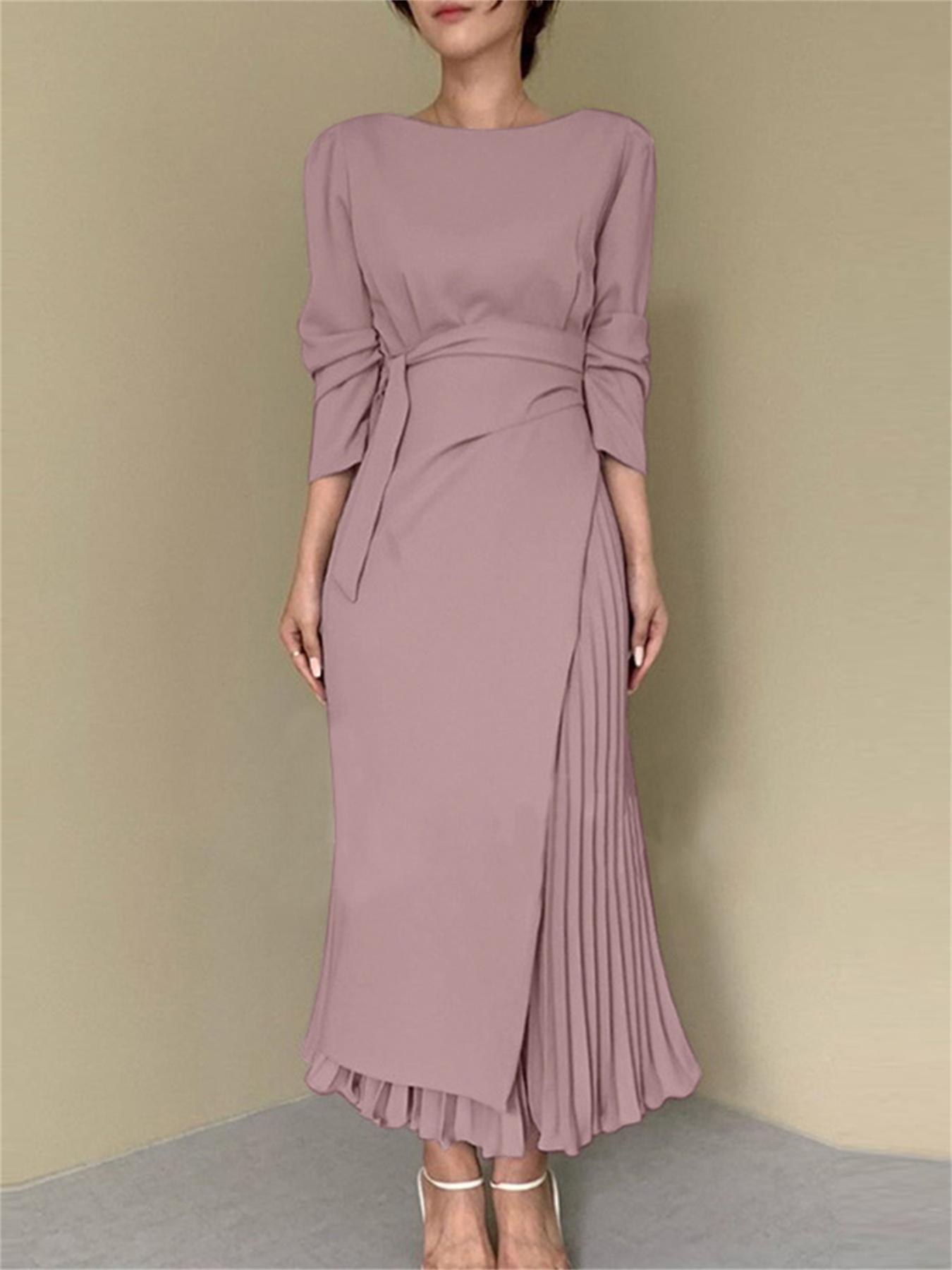 vlovelaw Solid Color Boat Neck Dress, Elegant Long Sleeve Dress For Spring & Fall, Women's Clothing