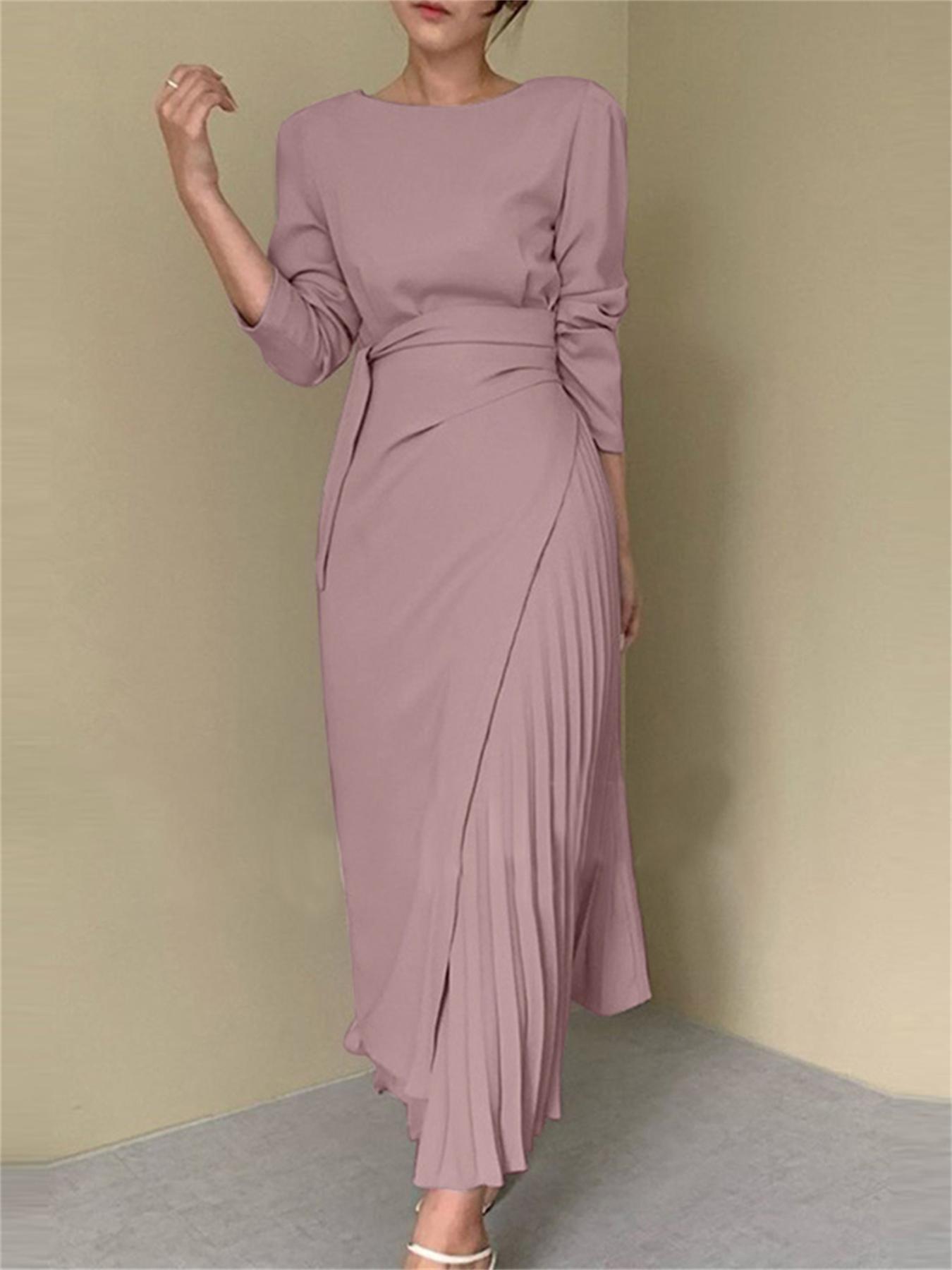 vlovelaw Solid Color Boat Neck Dress, Elegant Long Sleeve Dress For Spring & Fall, Women's Clothing
