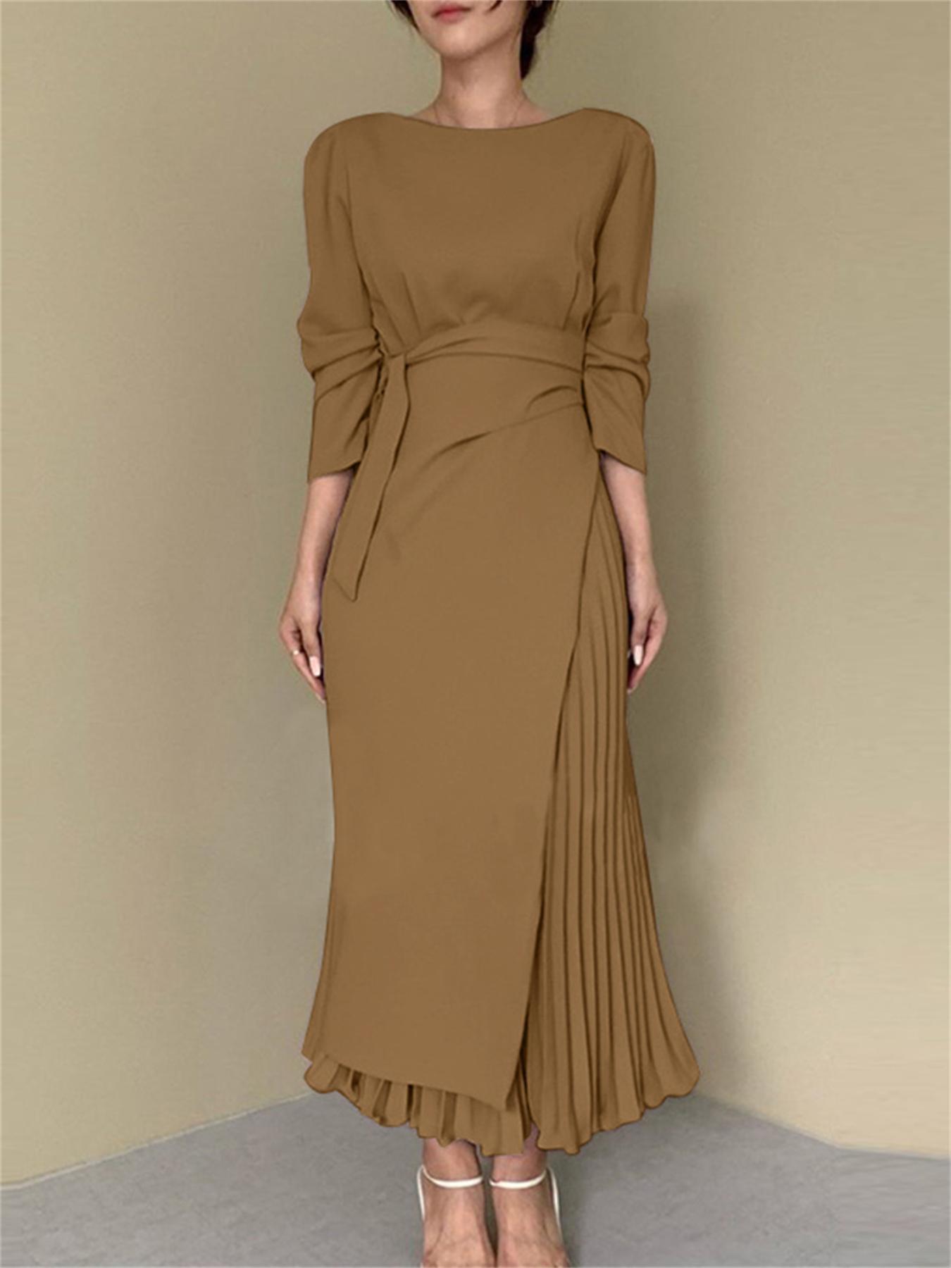 vlovelaw Solid Color Boat Neck Dress, Elegant Long Sleeve Dress For Spring & Fall, Women's Clothing