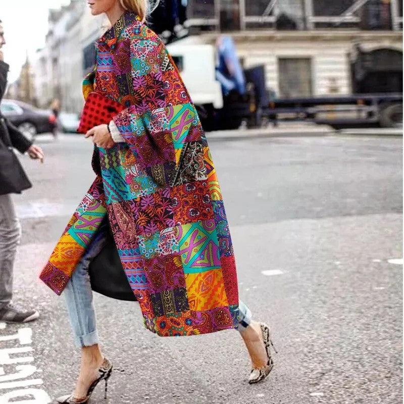 spring and autumn spot wish independent station ebay amazon long horn sleeve jacket printed loose trench coat women