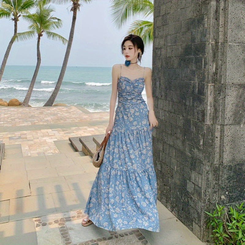 vlovelaw Floral Print Ruched Cami Dress, Elegant Sleeveless Ruffle Hem Dress For Spring & Summer, Women's Clothing