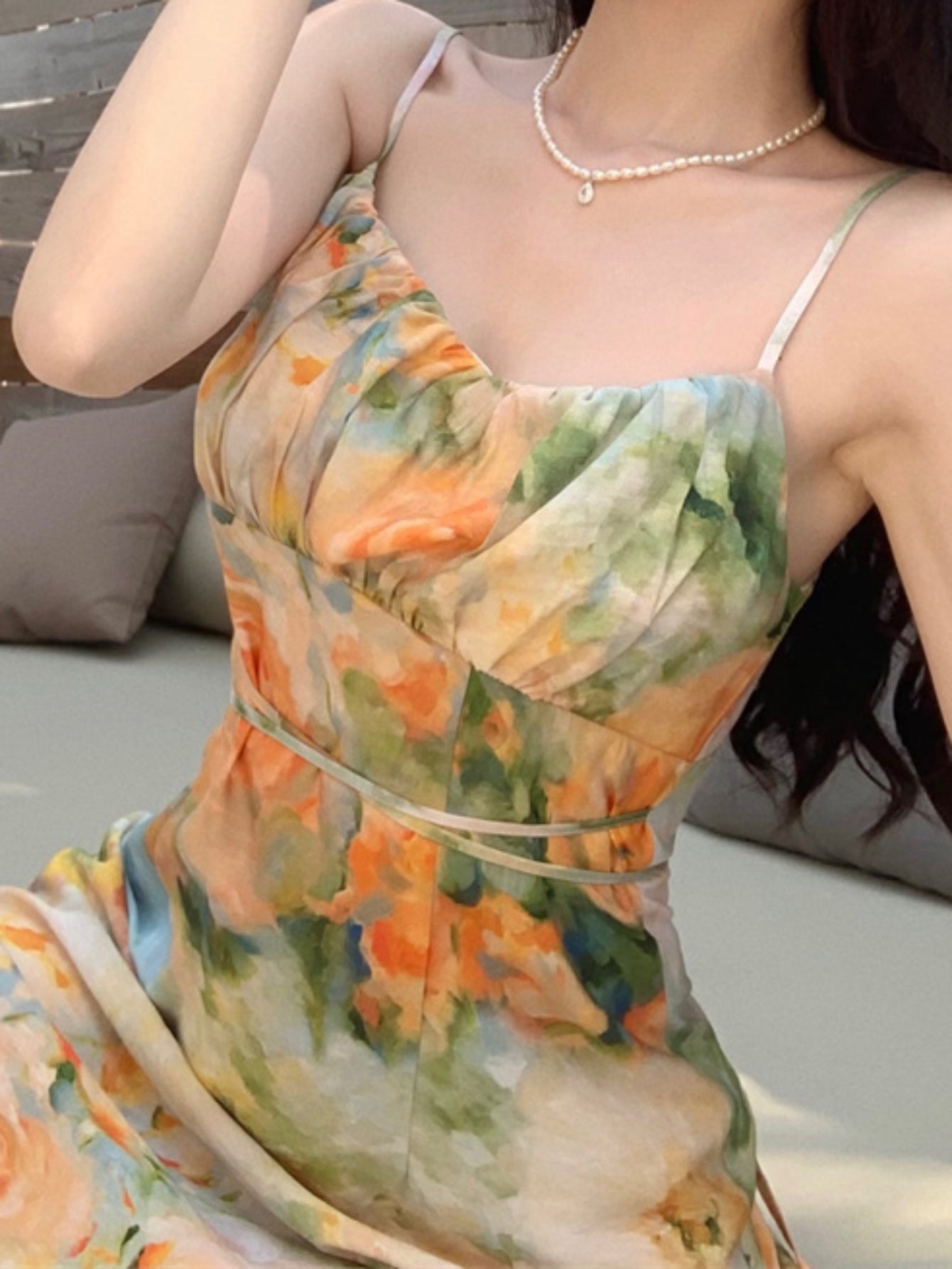 Ross Print Zip Up Shirred Cami Dress, Elegant & Chic Backless Belted Cami Dress For Spring & Summer, Women's Clothing