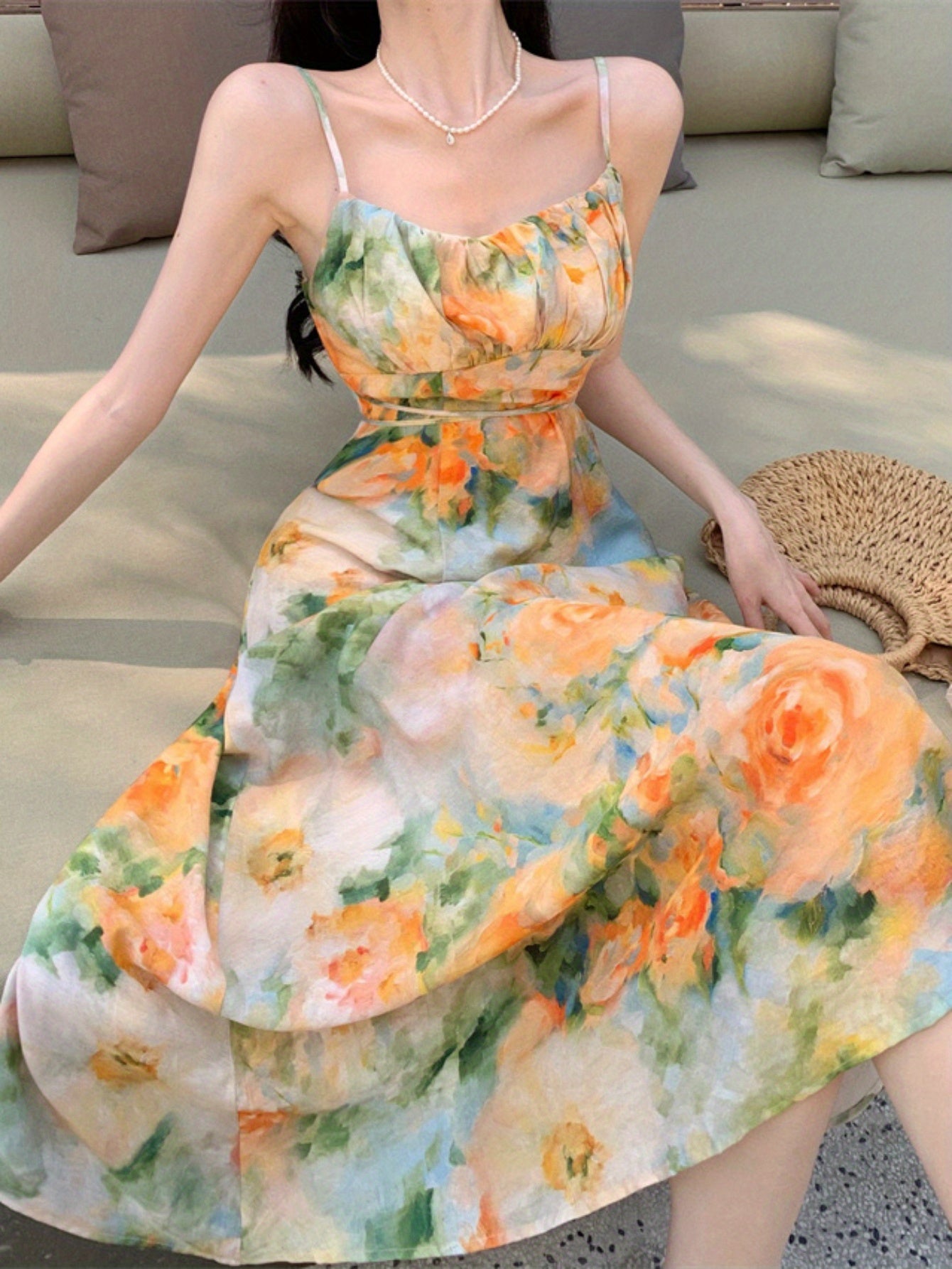Ross Print Zip Up Shirred Cami Dress, Elegant & Chic Backless Belted Cami Dress For Spring & Summer, Women's Clothing