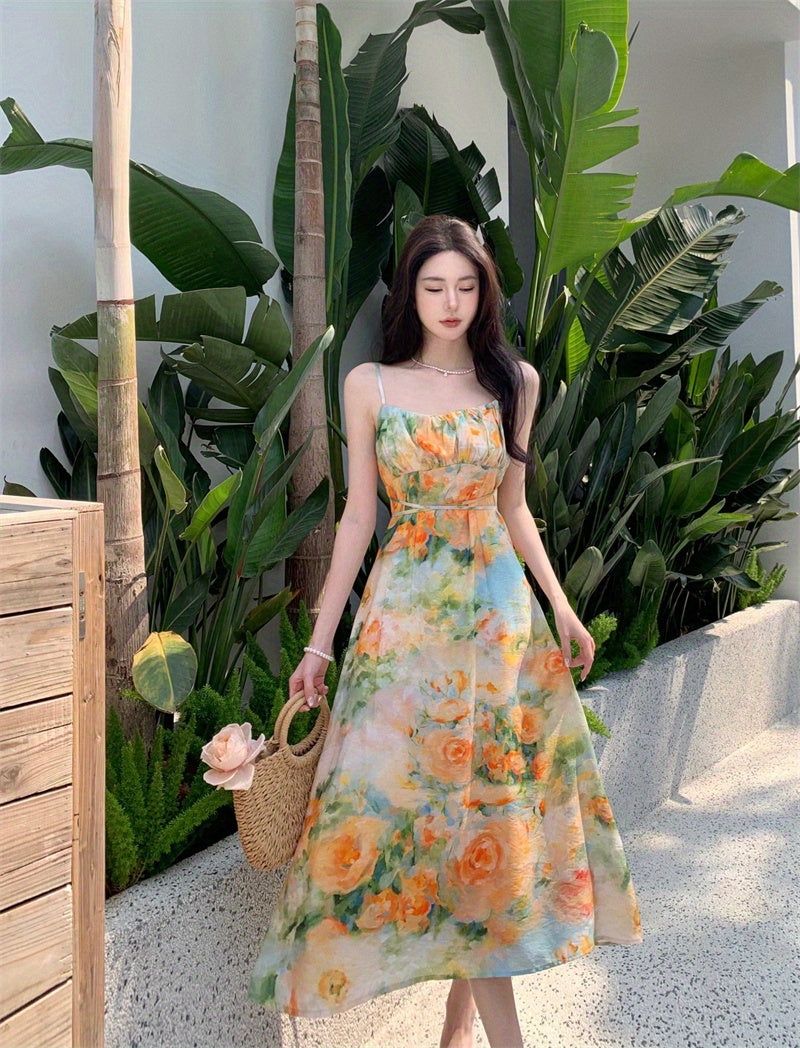 Ross Print Zip Up Shirred Cami Dress, Elegant & Chic Backless Belted Cami Dress For Spring & Summer, Women's Clothing