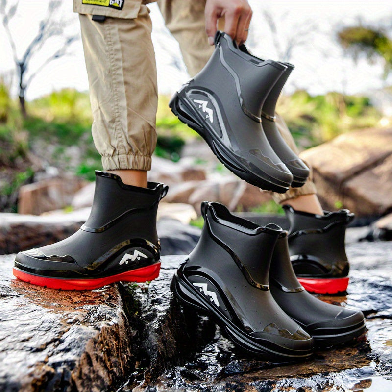 Men's Solid Colour Slip On Waterproof Rain Boots With Or Without Warm Plush Lining, Comfy Non Slip Casual Durable Water Shoes, Men's Outdoor Footwear