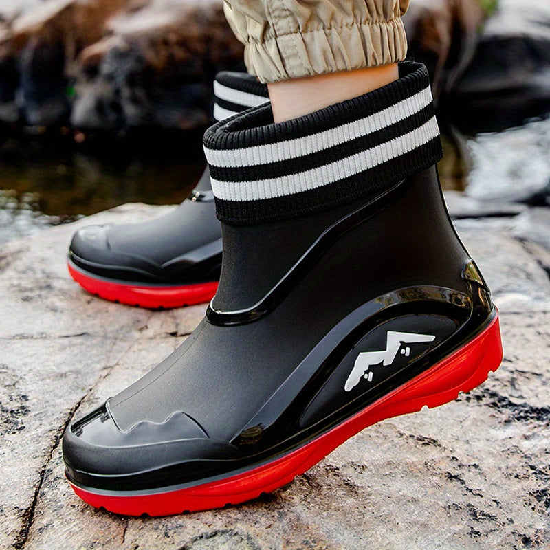 Men's Solid Colour Slip On Waterproof Rain Boots With Or Without Warm Plush Lining, Comfy Non Slip Casual Durable Water Shoes, Men's Outdoor Footwear