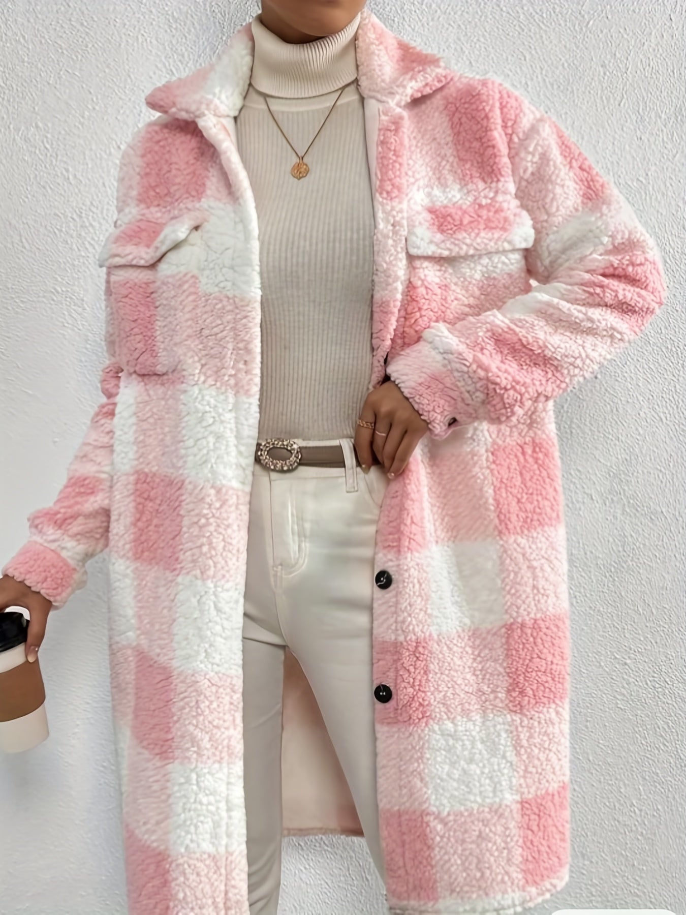 Plaid Pattern Teddy Coat, Casual Button Front Long Sleeve Outerwear, Women's Clothing