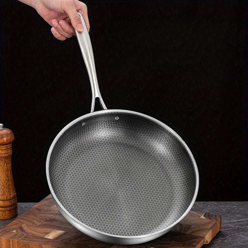 1pc Stainless Steel Non-Stick Frying Pan - Honeycomb Design for Pancakes & Omelets, Compatible with Induction & Gas Stoves, Easy Clean