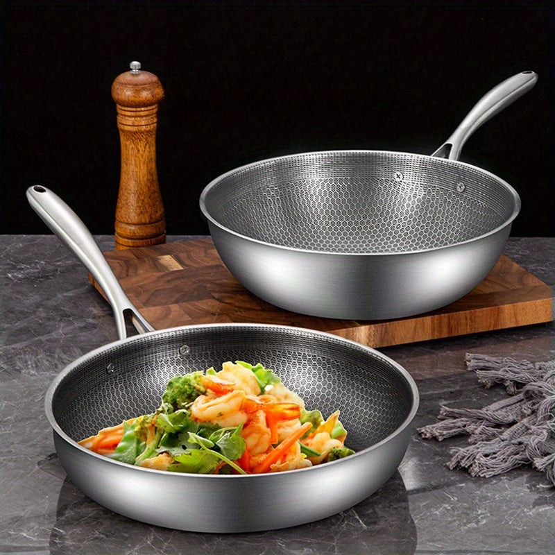 1pc Stainless Steel Non-Stick Frying Pan - Honeycomb Design for Pancakes & Omelets, Compatible with Induction & Gas Stoves, Easy Clean