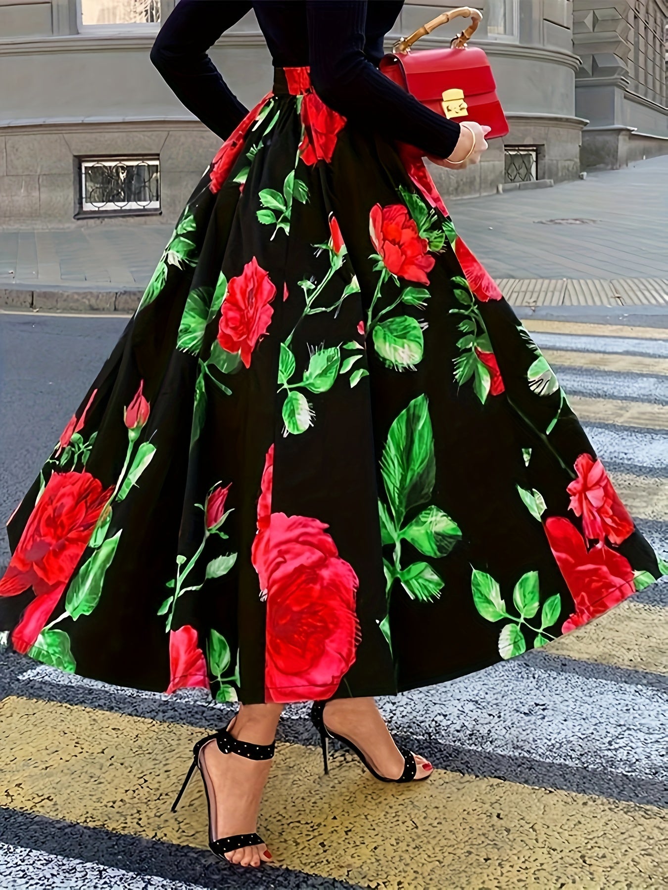Plus Size Elegant Skirt, Women's Plus Floral Print Elastic High Rise Slight Stretch A-line Maxi Skirt