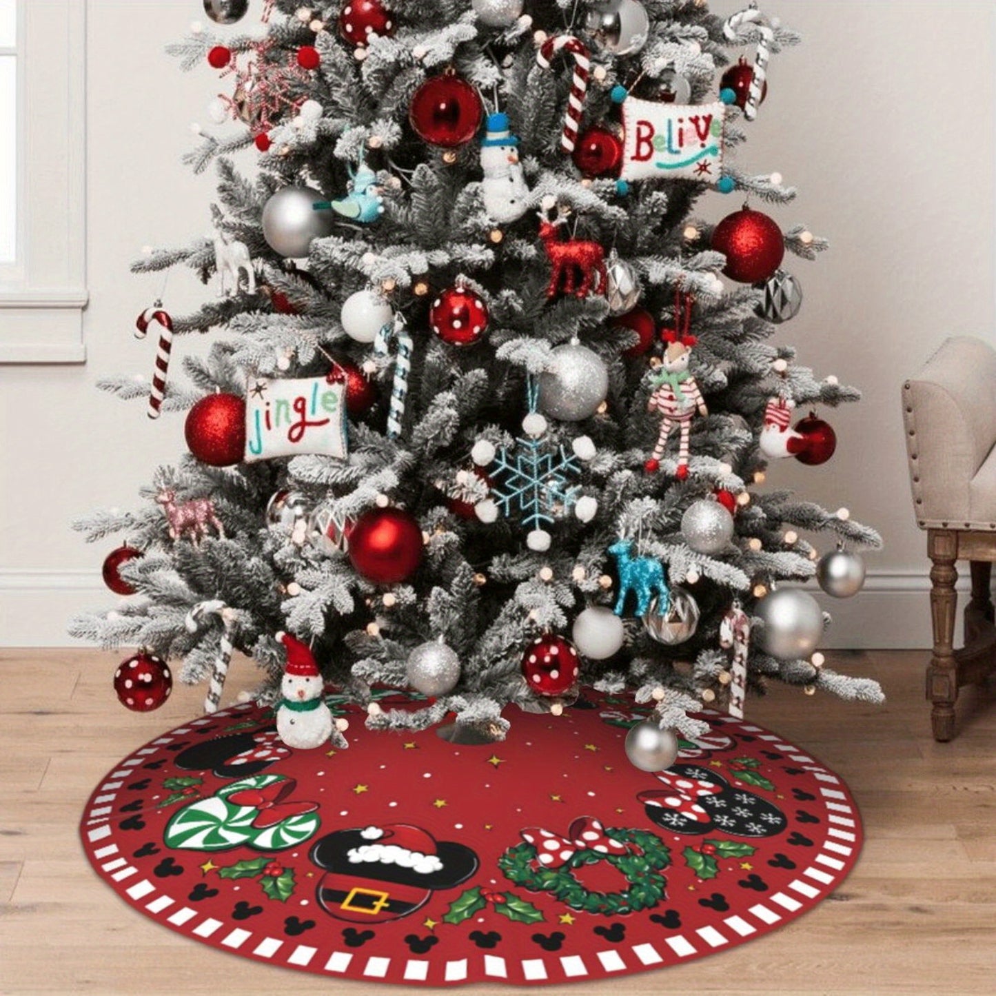 1pc 48" Red Polyester Festive Christmas Tree Skirt with Cartoon Mouse and Holiday Motifs, Xmas Tree Collar for Home Party Decoration