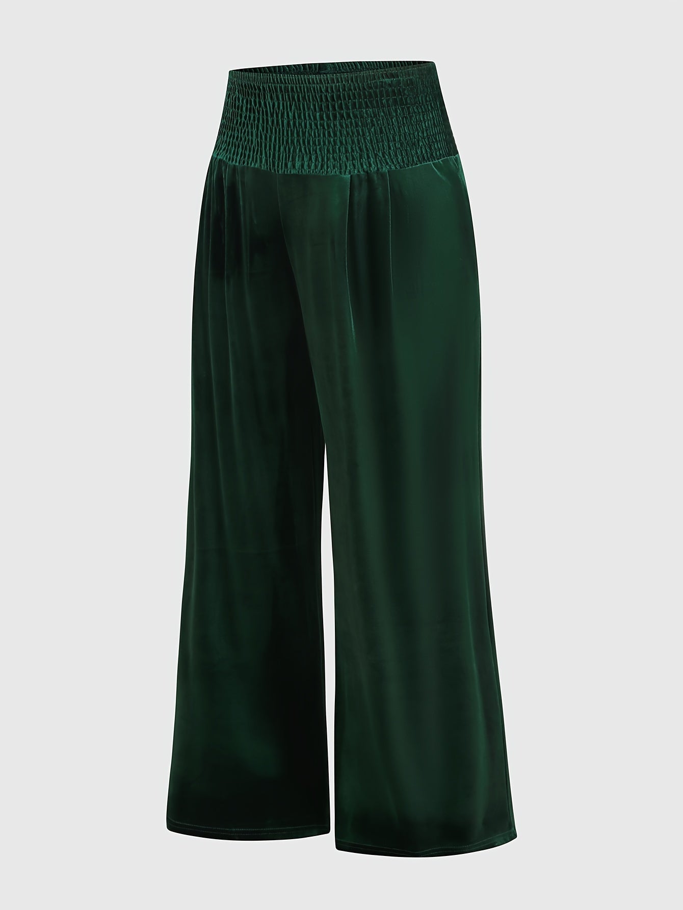 vlovelaw Plus Size Casual Pants, Women's Plus Solid Velvet Shirred Waist High Rise Wide Leg Trousers