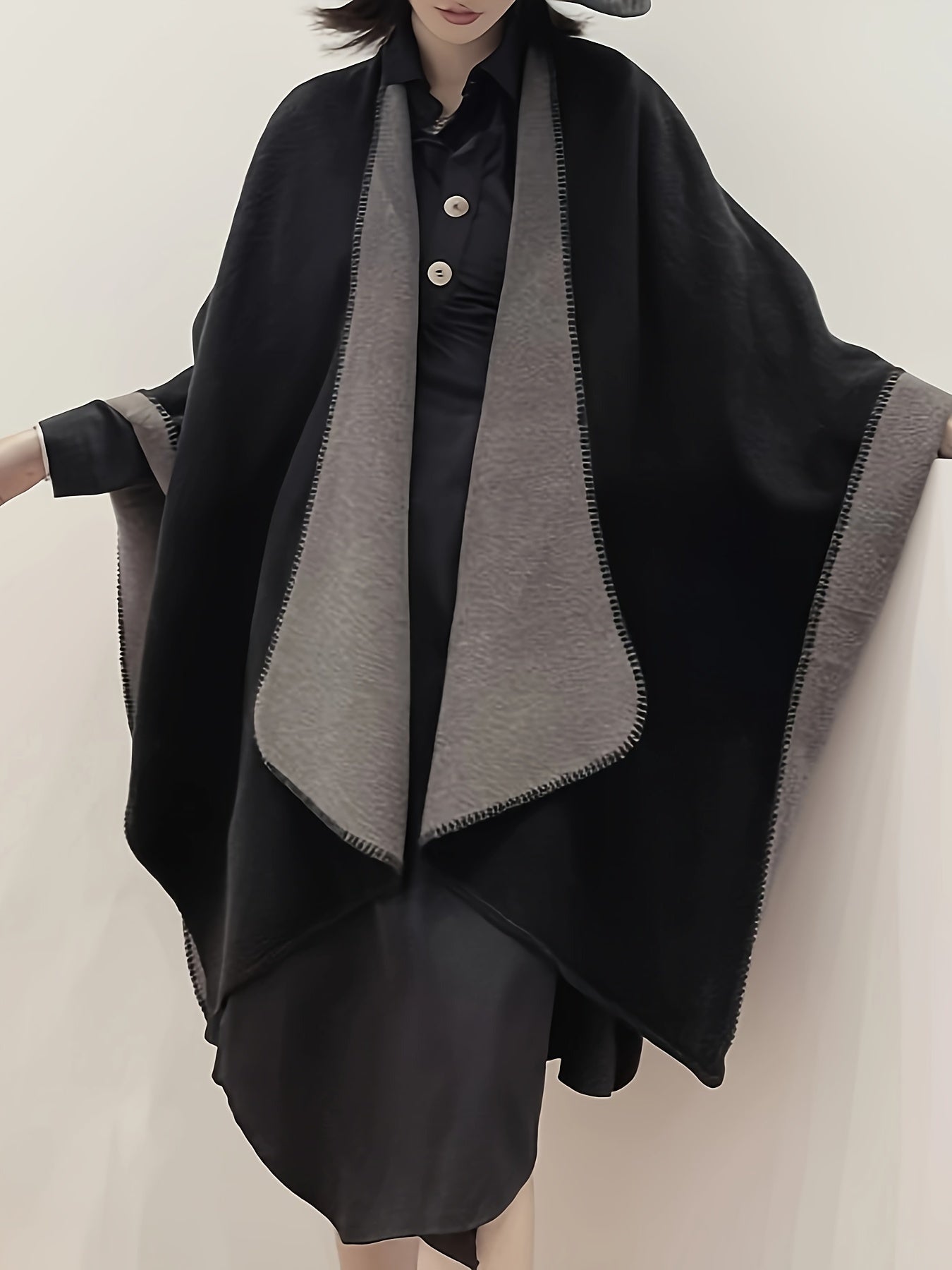 vlovelaw Plus Size Elegant Coat, Women's Plus Double-sided Batwing Sleeve Open Front Waterfall Collar Loose Fit Shawl Coat