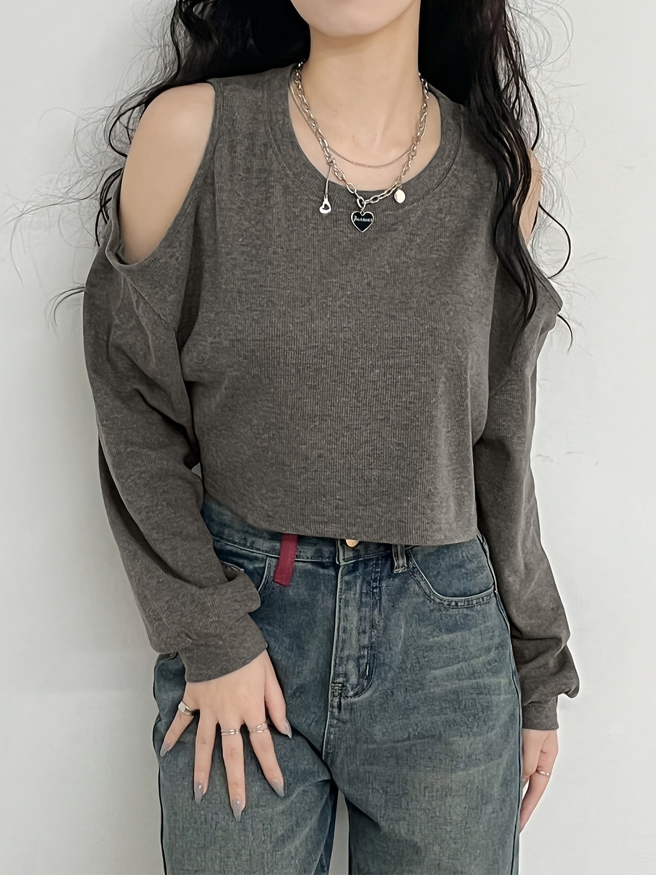 vlovelaw Cold Shoulder Crew Neck T-Shirt, Casual Long Sleeve T-Shirt For Spring & Fall, Women's Clothing