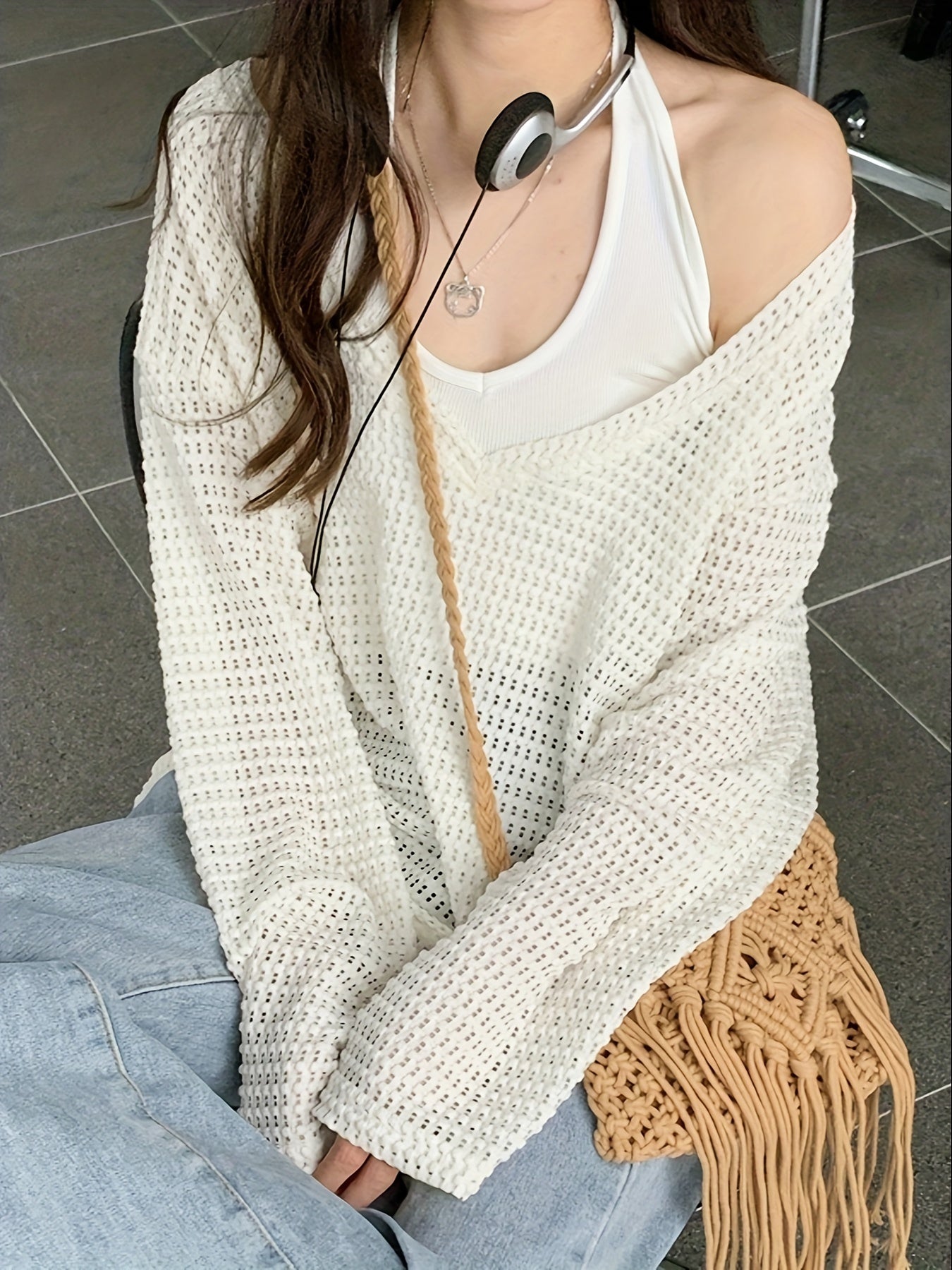 vlovelaw Hollow Out V Neck T-Shirt, Casual Long Sleeve Cover Up, Women's Clothing