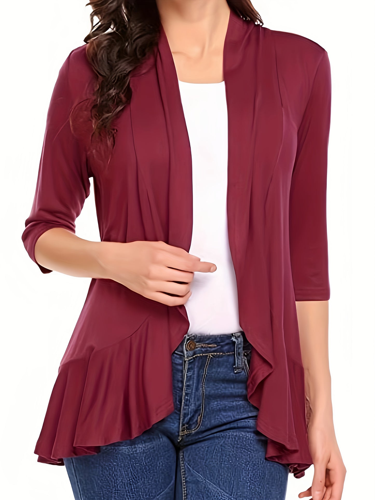 vlovelaw V-neck Loose Pleated Cardigans, Casual Frill Solid 3/4 Sleeve Spring Summer Fall Cardigan, Women's Clothing