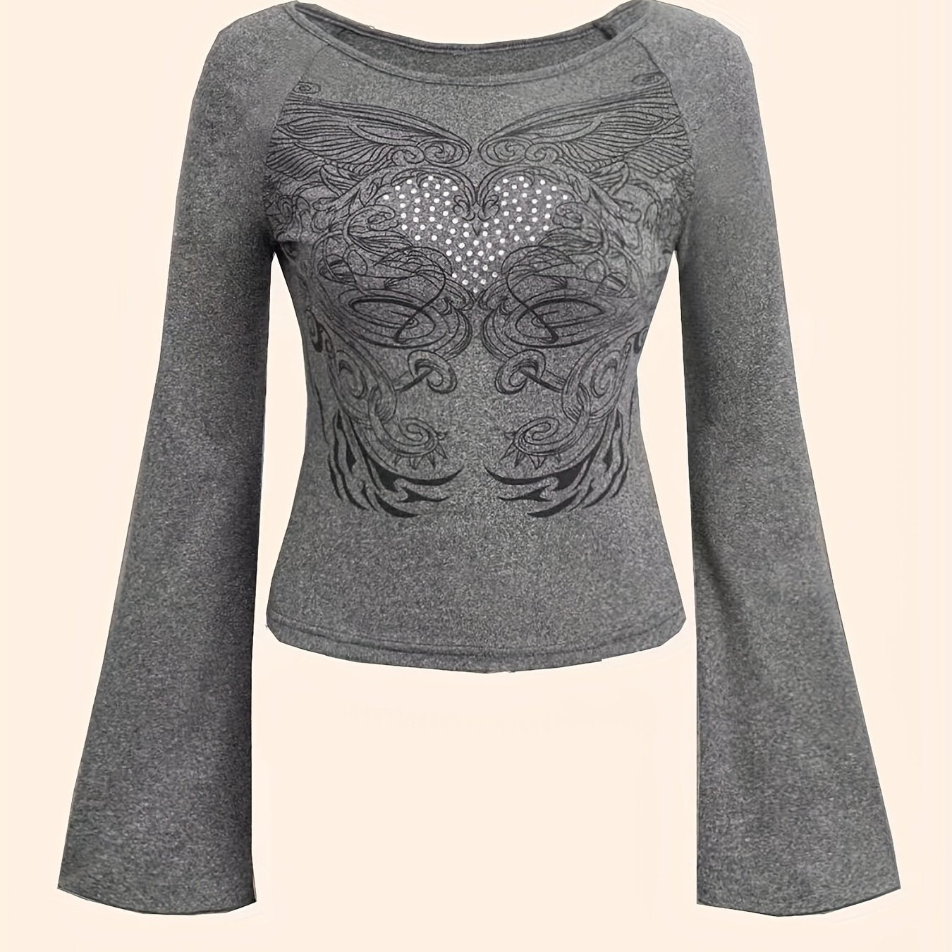 Graphic Print Crew Neck T-Shirt, Y2K Long Sleeve Top For Spring & Fall, Women's Clothing