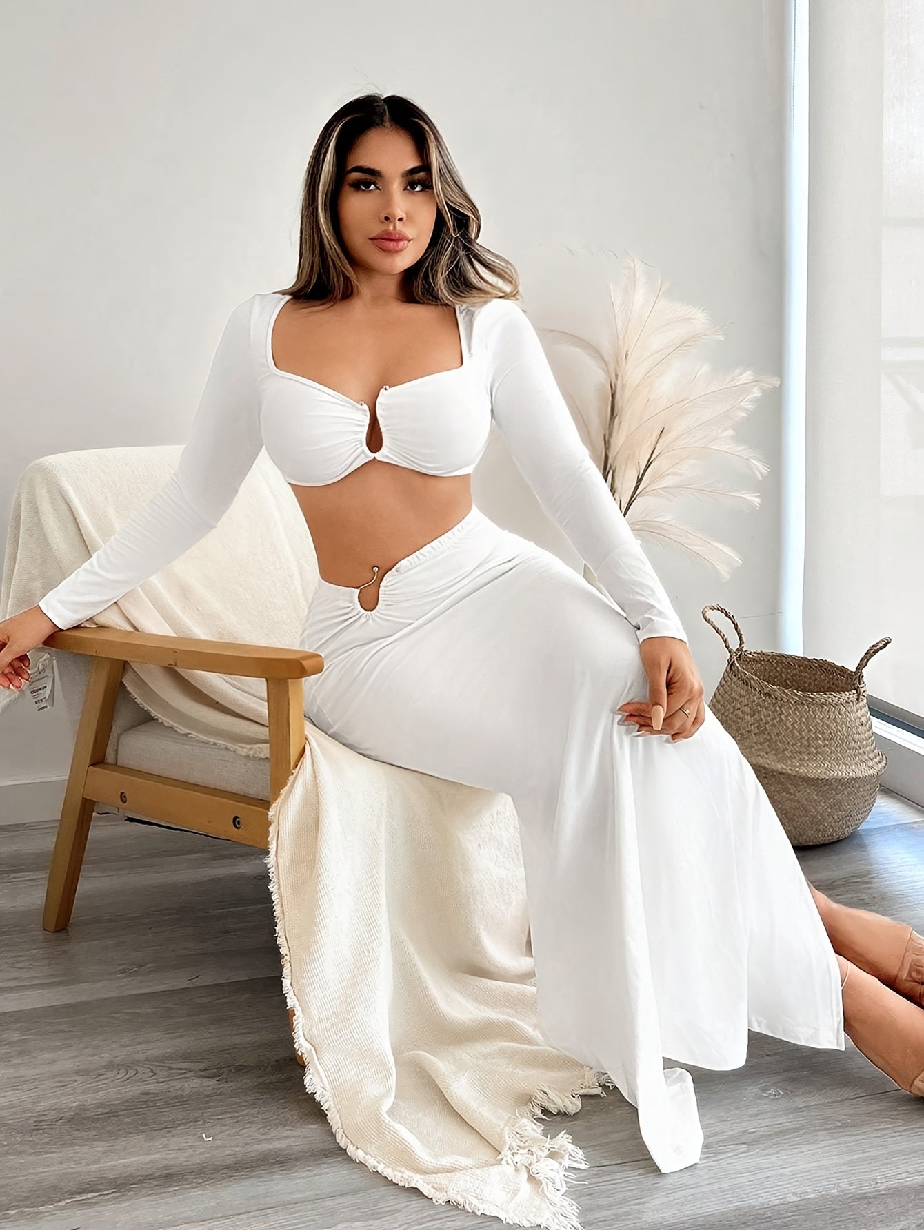 vlovelaw Sexy Solid Slim Two-piece Skirt Set, Crop Square Neck Long Sleeve Top & High Split Bodycon Skirt Outfits, Women's Clothing
