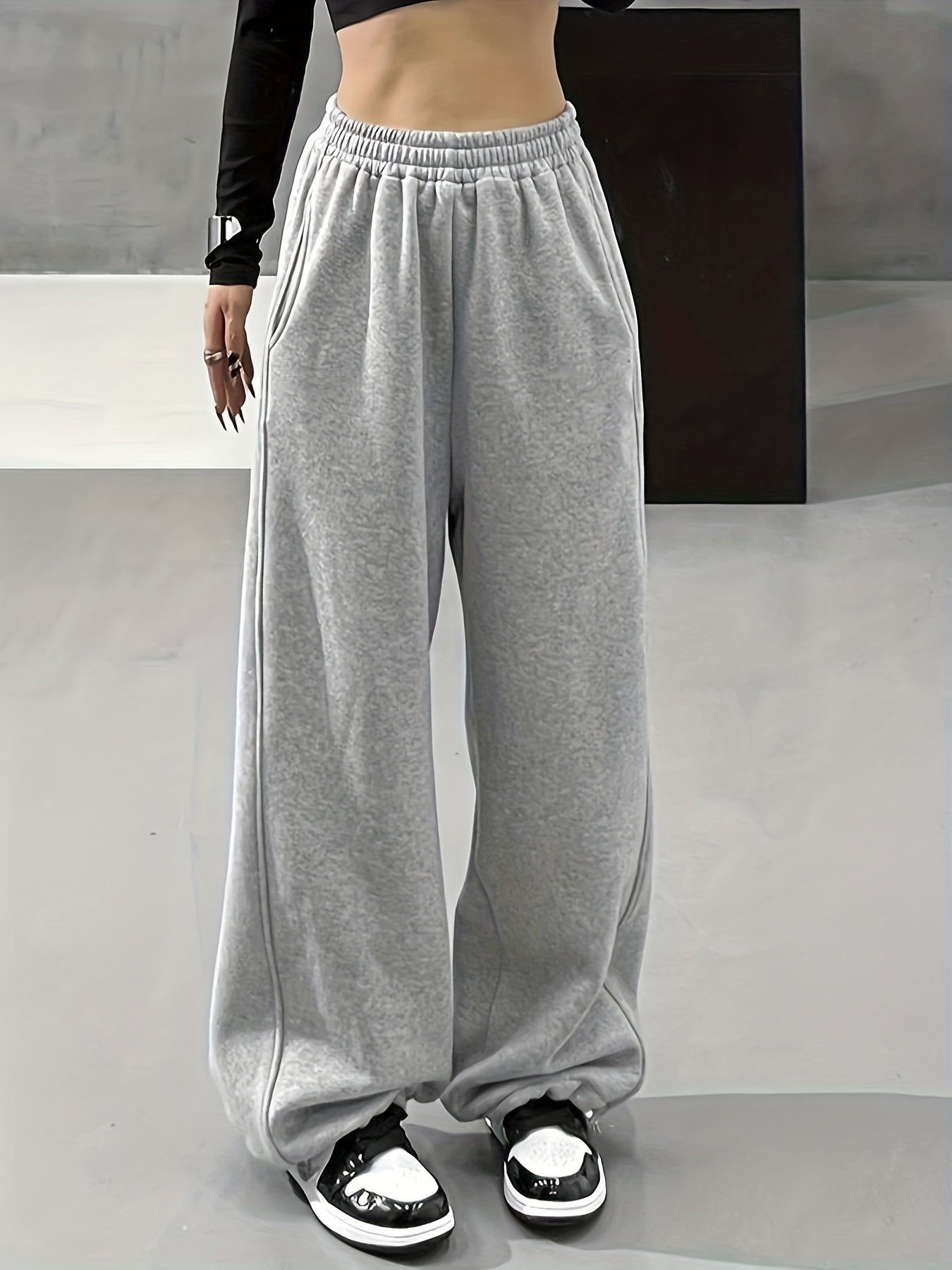 vlovelaw Solid Comfy Wide Leg Pants, Casual Elastic Waist Loose Pants With Pocket, Women's Clothing