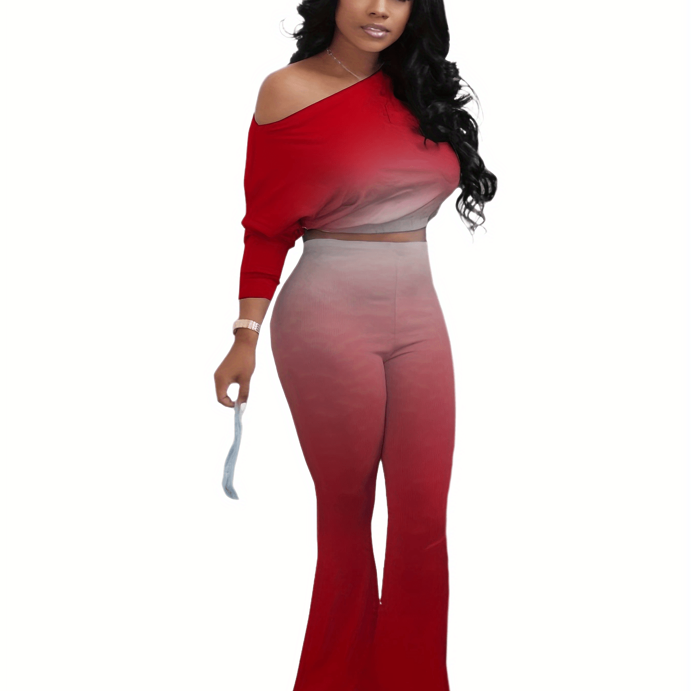 vlovelaw Gradient Casual Two-piece Set, Slanted Shoulder Long Sleeve Tops & Flared Leg Pants Outfits, Women's Clothing