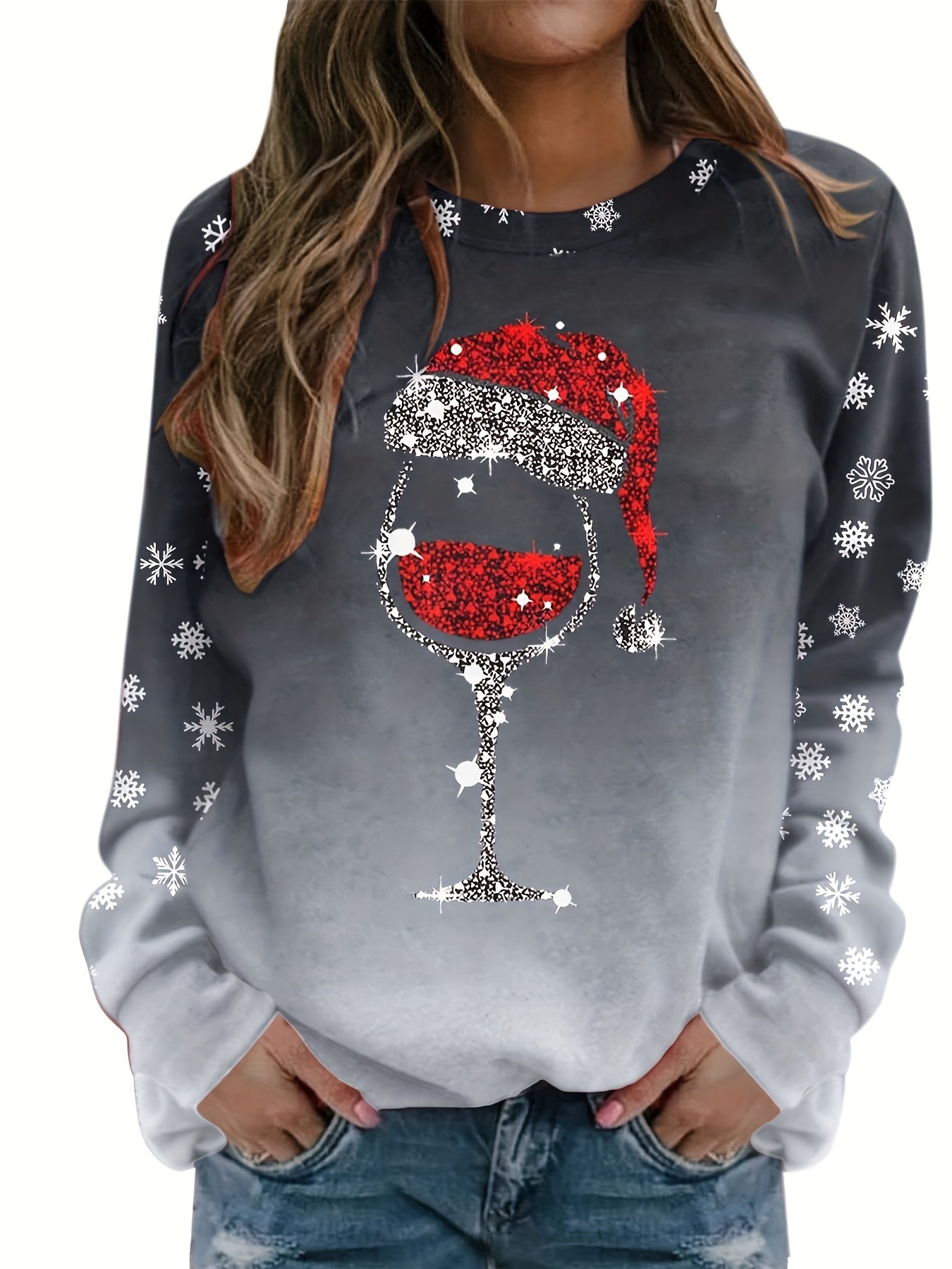vlovelaw Christmas Snowflake Print Crew Neck Sweatshirt, Long Sleeve Casual Sports Pullover Top, Women's Clothing