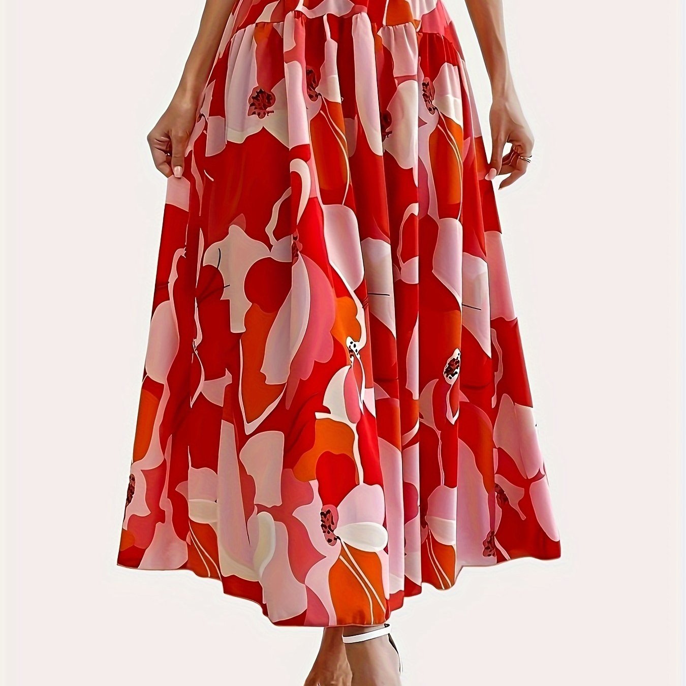 Plus Size Elegant Skirt, Women's Plus Floral Print Elastic High Rise Flowy Maxi Skirt