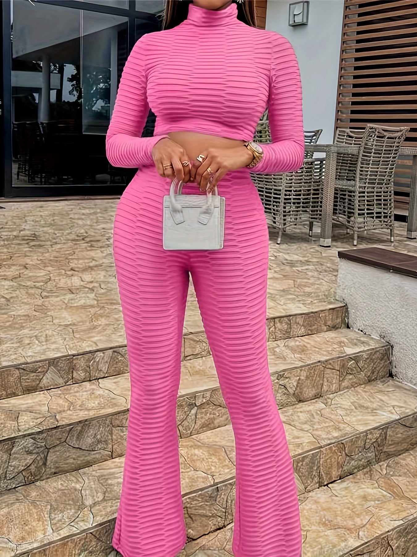 vlovelaw Casual Solid Two-piece Set, Mock Neck Crop Top & Long Pants Outfits, Women's Clothing