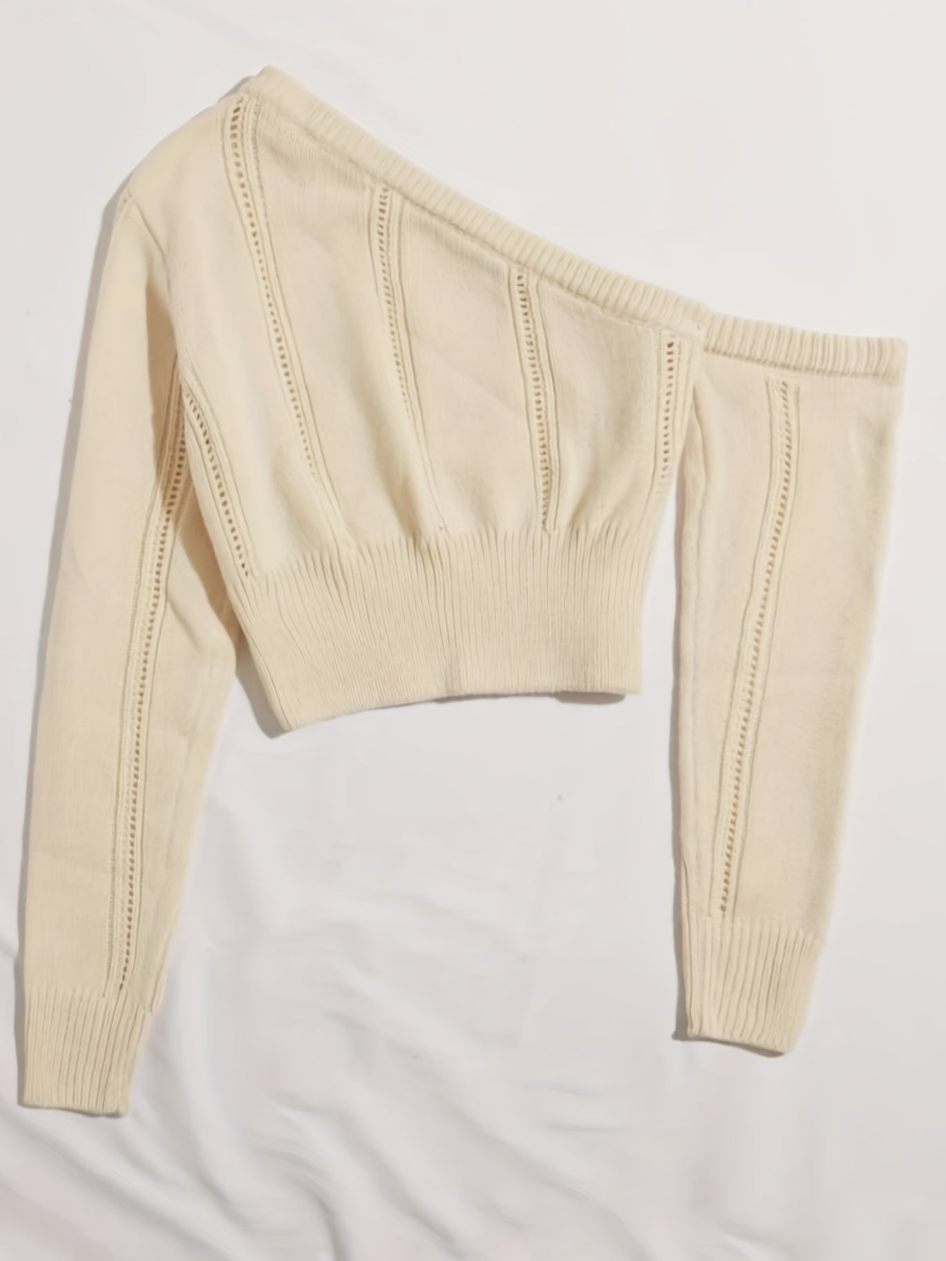 vlovelaw Eyelet Asymmetrical Neck Crop Sweater, Casual Long Sleeve Sweater For Spring & Fall, Women's Clothing