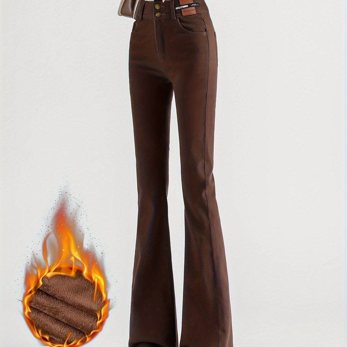 vlovelaw Fleece Liner Keep Warm Bootcut Jeans, High Waist Double Button Casual Denim Pants, Women's Denim Jeans & Clothing