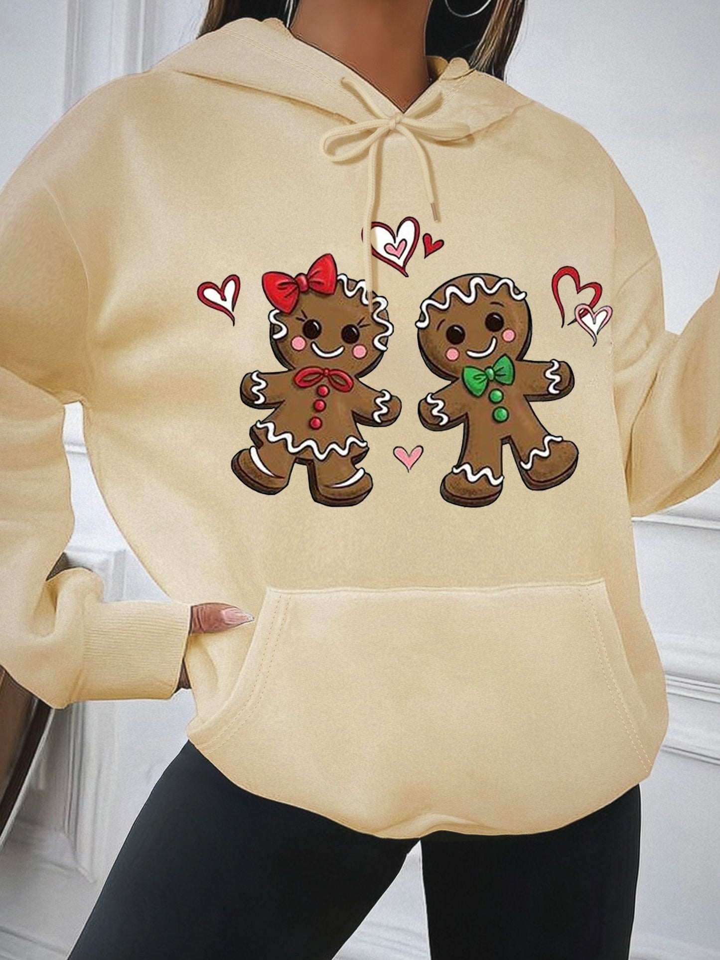 Festive Gingerbread Man Design Hoodie - Soft Casual Long Sleeve Kangaroo Pocket Sweatshirt with Relaxed Fit, Women's Cozy Winter Clothing for Holiday Season
