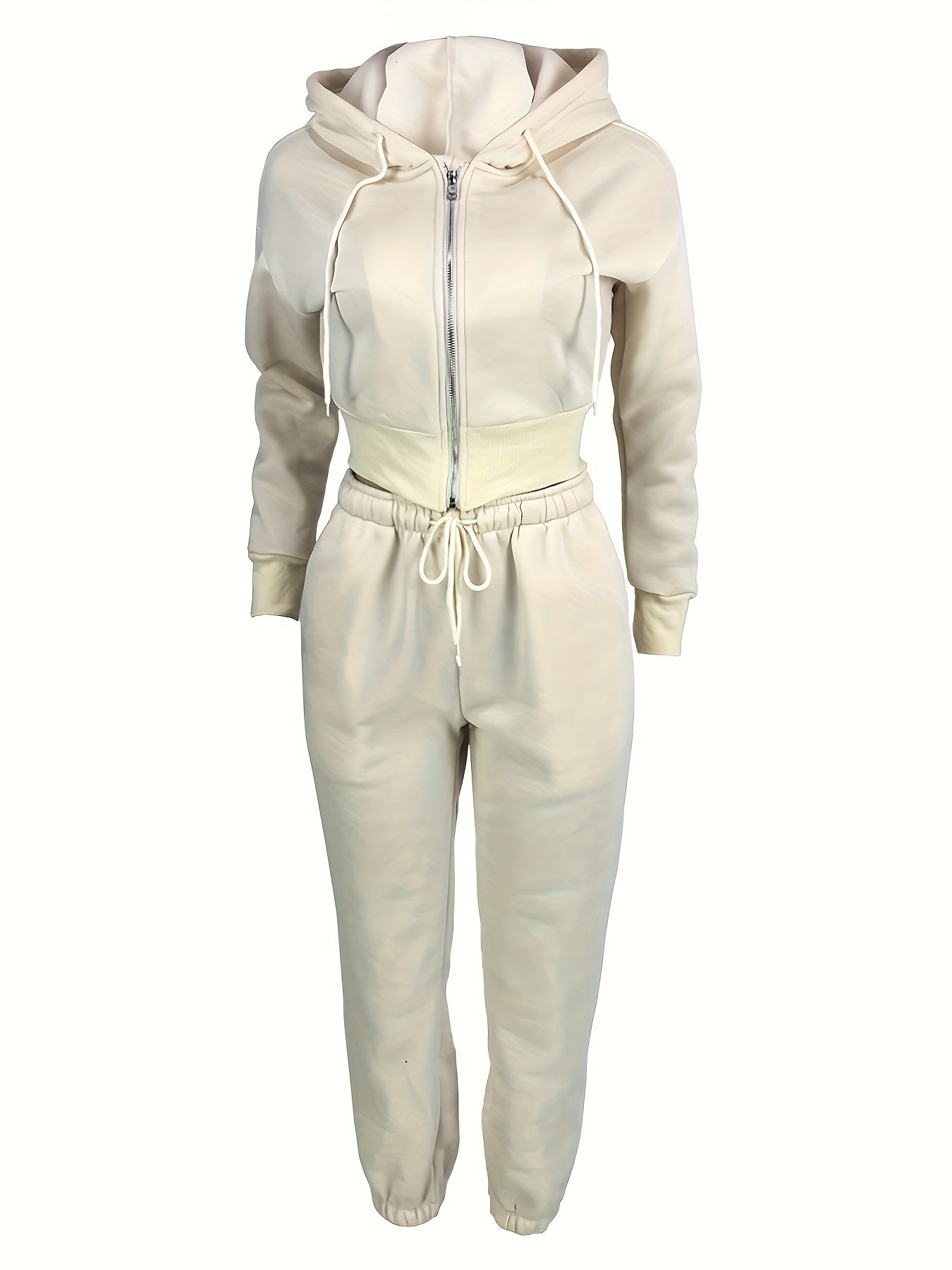 vlovelaw Solid Casual Two-piece Set, Zip Up Hooded Drawstring Long Sleeve Outerwear & Pants Outfits, Women's Clothing