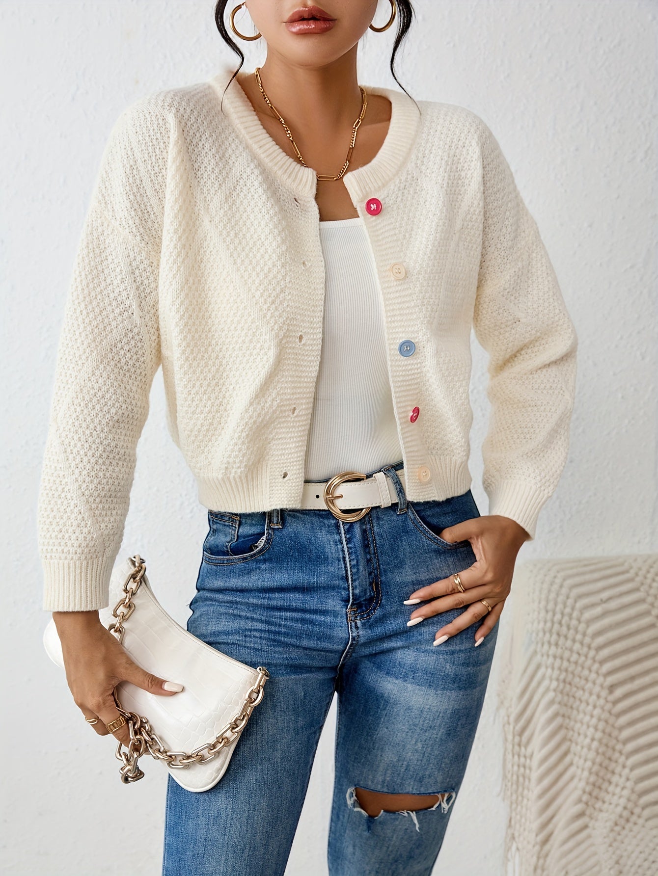 vlovelaw Solid Button Down Knit Cardigan, Elegant Crew Neck Long Sleeve Sweater, Women's Clothing