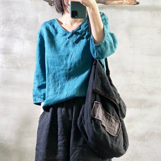 2025    202007/Qiao Ann, linen, autumn washed buckle retro simple loose large size women's shirt