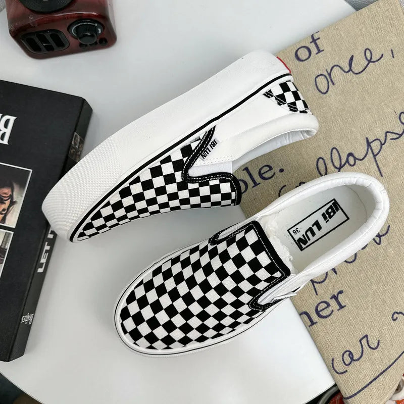 Quality Women Thick Sole Pink Canvas Shoes Checkered Female Black White Checkered Sneaker Slip On Girls Students Casual Shoes