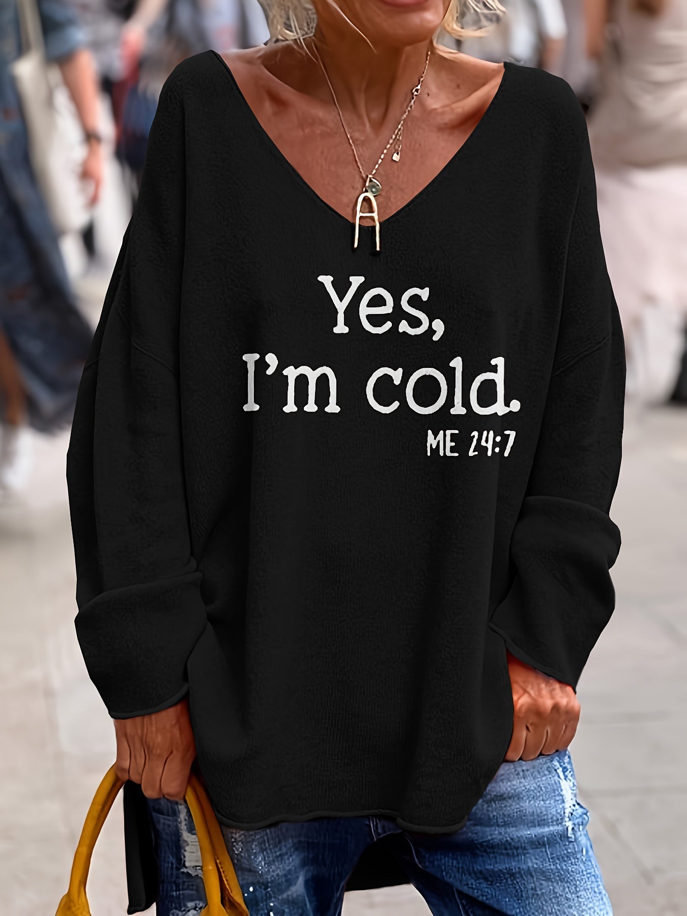 Letter Pattern V Neck Oversized Sweater, Casual Long Sleeve Rolled Trim Sweater, Women's Clothing