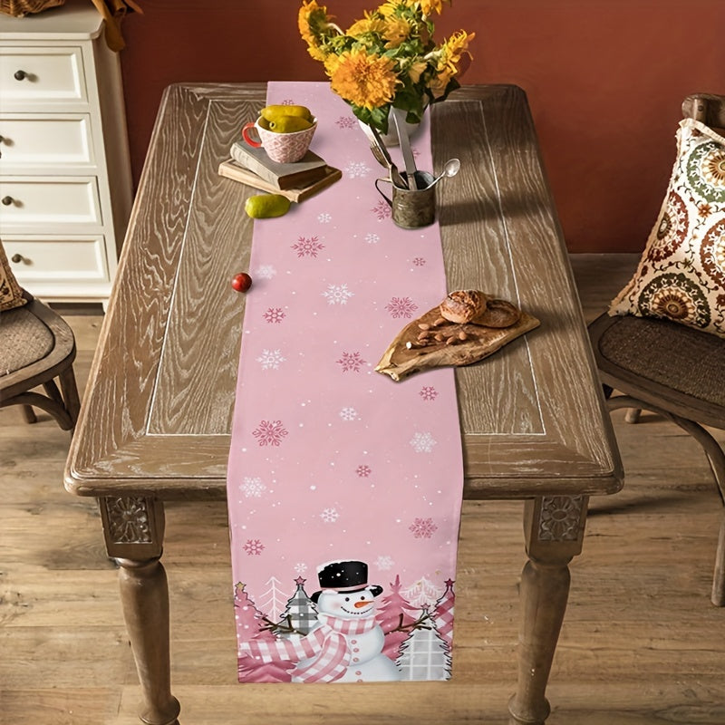 1pc Vibrant Pink Snowman Christmas Table Runner - Long, Farmhouse Style, Snowflake Pattern, Waterproof, Easy to Clean, Perfect for Home Party, Kitchen Dinner, Holiday Table Decoration - Add a Touch of Festive Cheer to Your Celebration