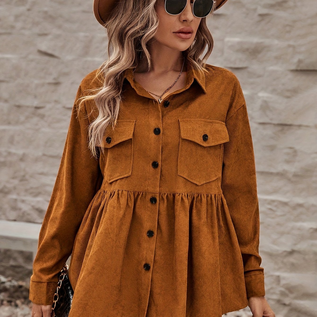 Flap Pockets Ruffle Trim Jacket, Vintage Solid Long Sleeve Outwear For Fall & Winter, Women's Clothing