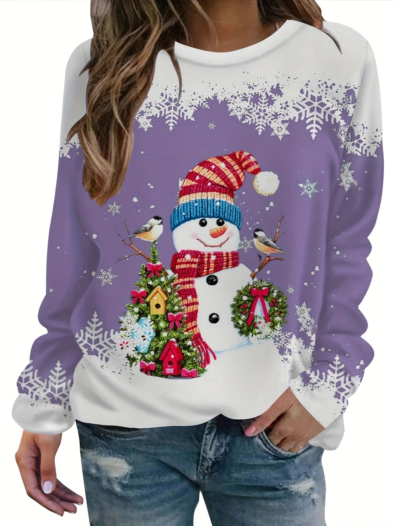 vlovelaw Christmas Snowman Printed Warm Sports Sweatshirts, Long-sleeved Round Neck Casual Sports Pullover Tops For Winter And Autumn, Women's Sporty Sweatshirts