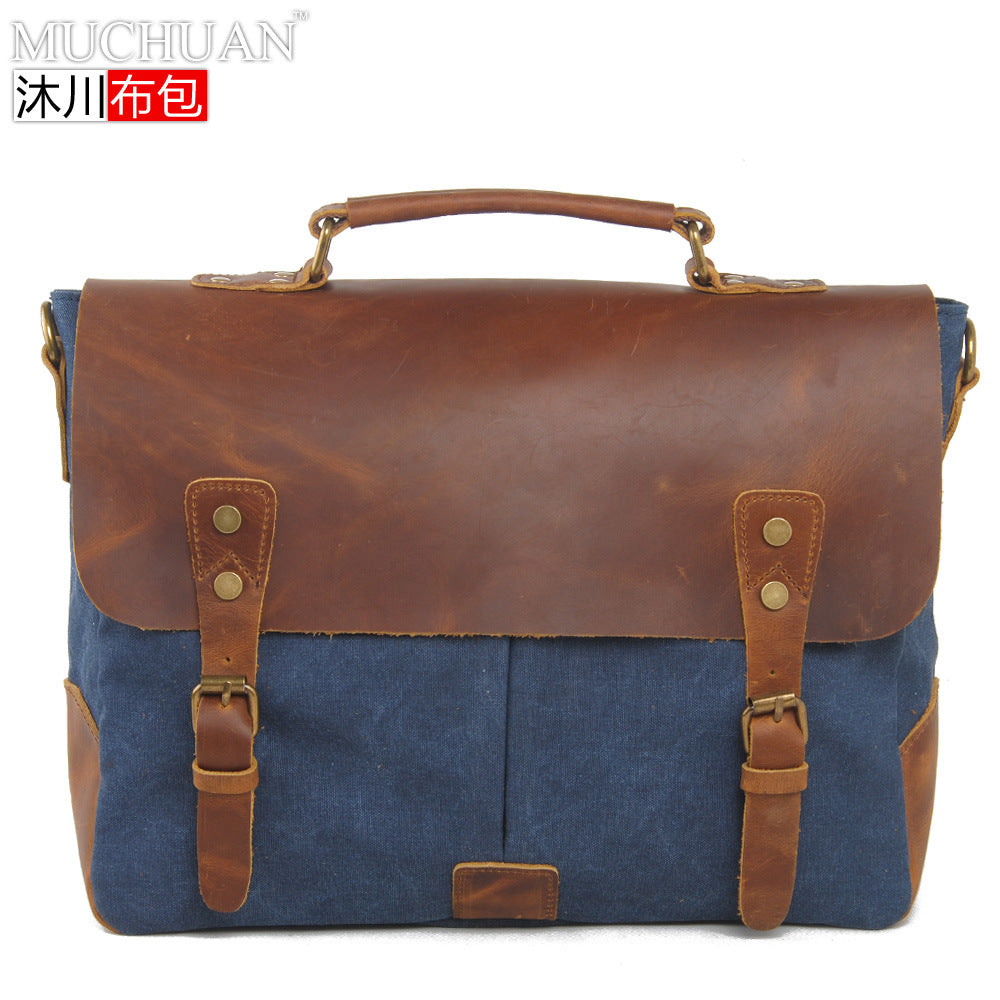 VLOVELAW 2025 Muchuan cloth bag, genuine leather with canvas with genuine leather, 2025 retro mailman bag, one-shoulder messenger bag, portable briefcase.