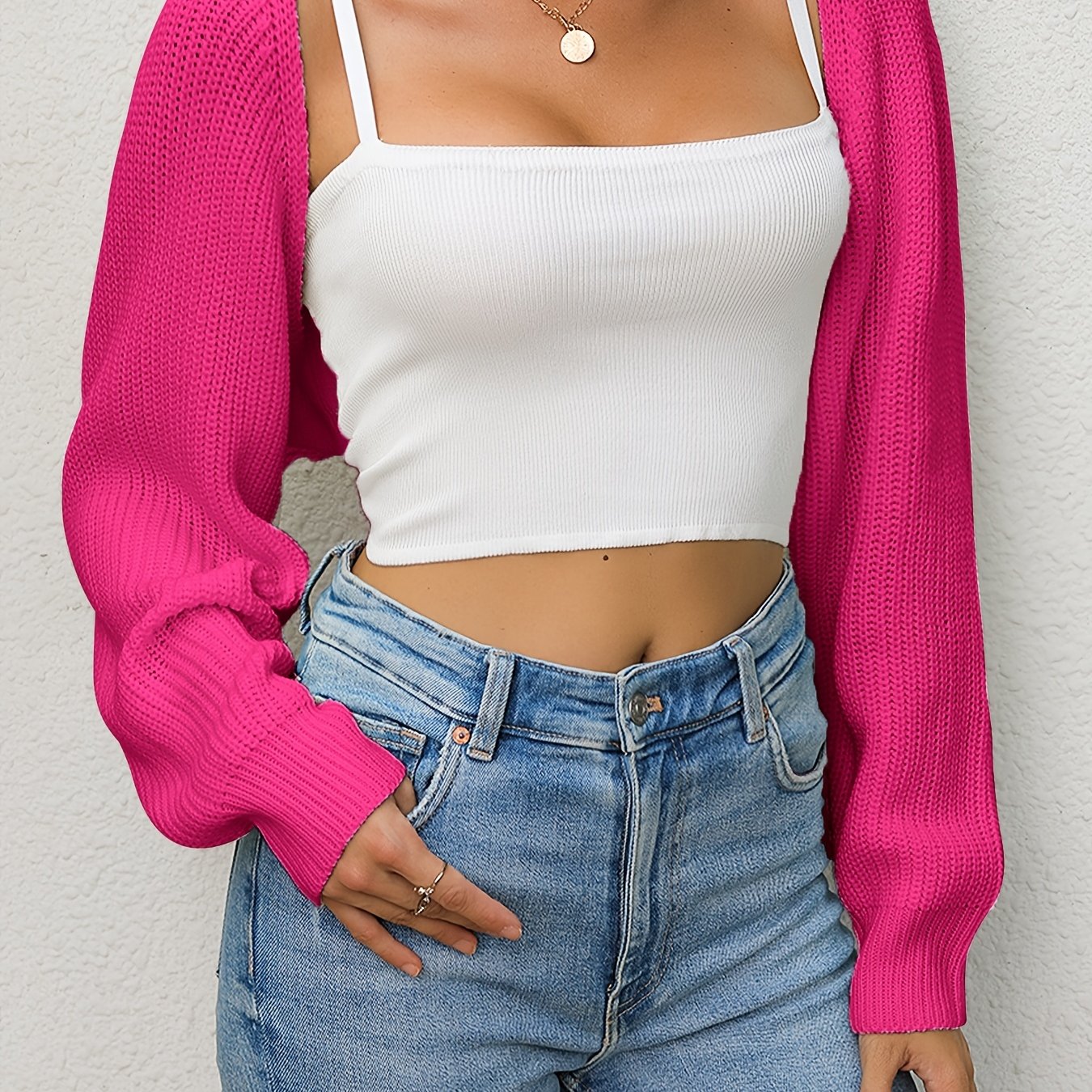 vlovelaw Solid Loose Crop Cardigan, Casual Long Sleeve Cardigan For Spring & Fall, Women's Clothing