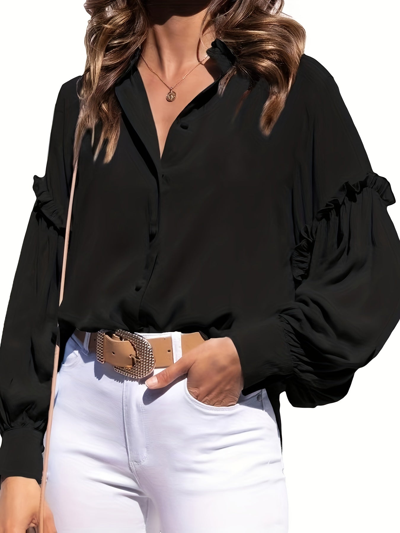 vlovelaw Solid Polo Collar Blouse, Casual Lantern Sleeve Blouse For Spring & Fall, Women's Clothing