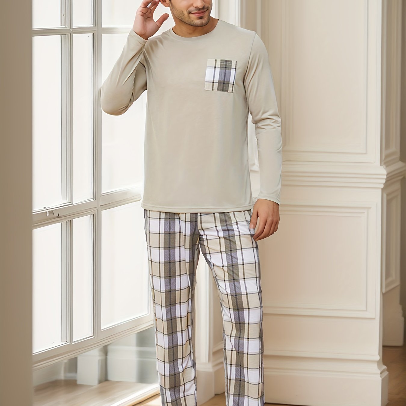 2 Pcs Men's Simple Plaid Pocket Round Neck Long Sleeve & Plaid Trousers Pajama Set, Comfortable & Skin-friendly Style Pajamas For Men's Cozy Loungewear