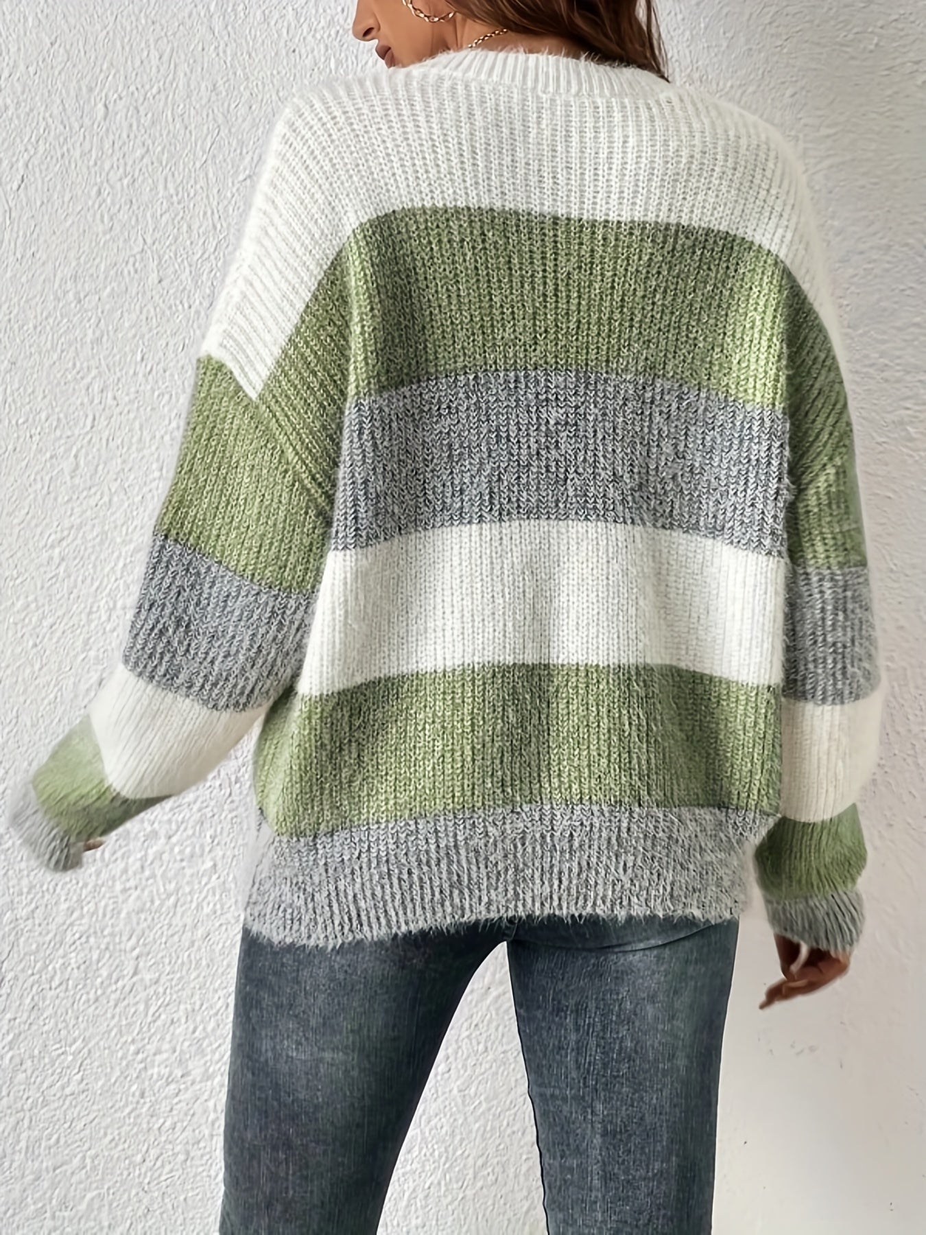 Color Block Crew Neck Pullover Sweater, Casual Long Sleeve Sweater For Fall & Winter, Women's Clothing