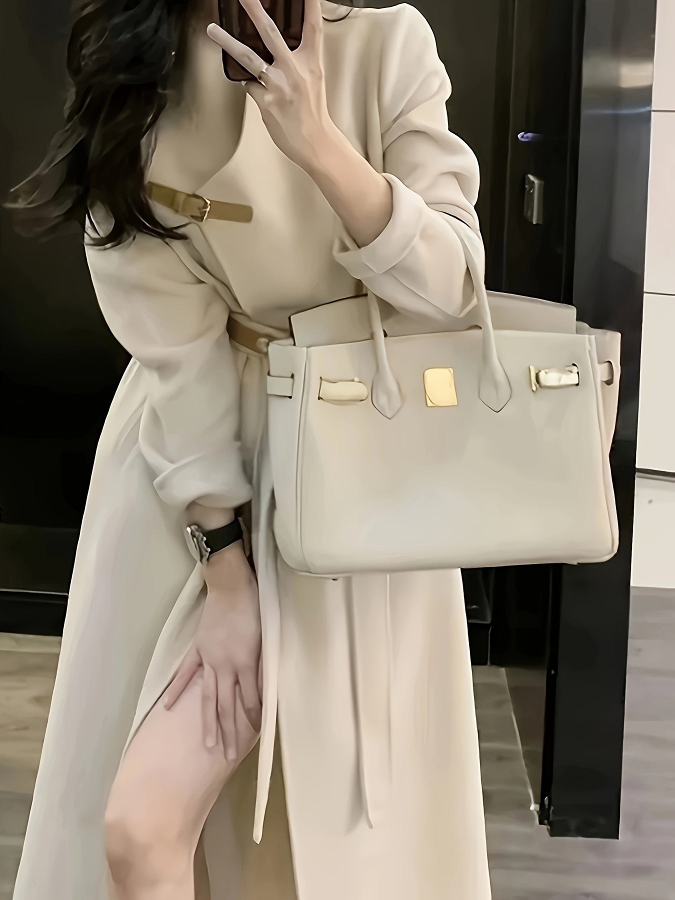 vlovelaw Solid Open Front Overcoat, Elegant Long Sleeve Belted Outwear For Fall & Winter, Women's Clothing