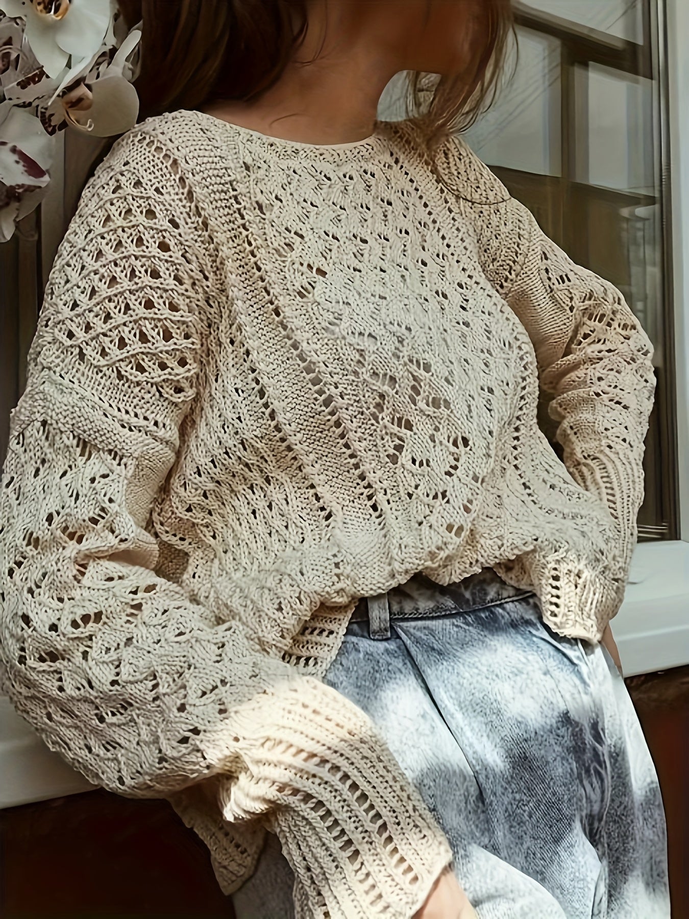 vlovelaw Solid Boat Neck Knit Pullover Sweater, Elegant Hollow Out Long Sleeve Loose Sweater, Women's Clothing