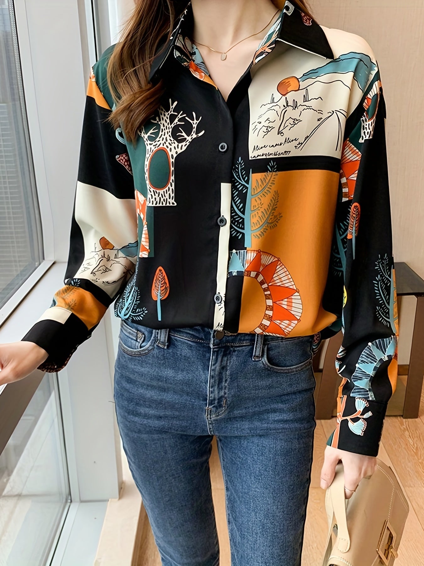 vlovelaw Color Block Button Front Shirt, Elegant Turn Down Collar Long Sleeve Shirt, Women's Clothing