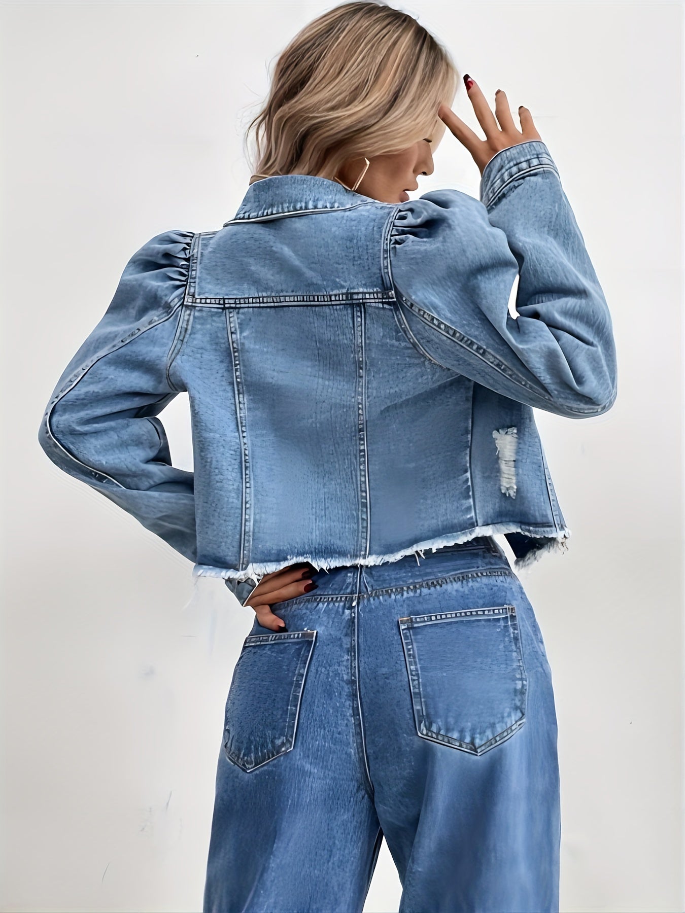Blue Puff Long Sleeves Denim Jackets, Raw Hem Washed Cropped Lapel Denim Coats, Women's Denim Clothing