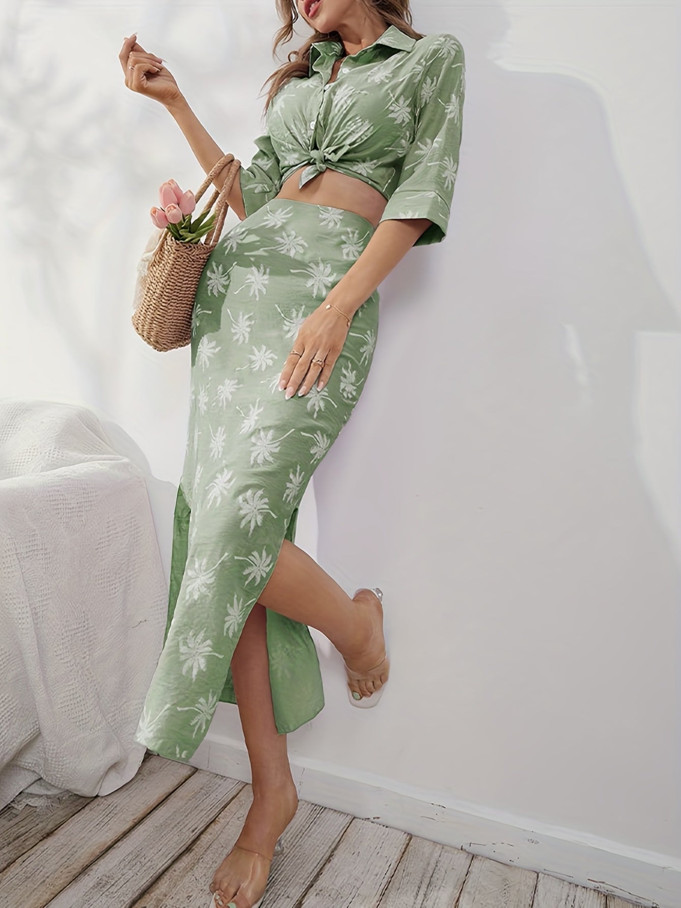 vlovelaw Coconut Tree Print Two-piece Set, Button Front Cropped Shirt & High Waist Split Skirts Outfits, Women's Clothing